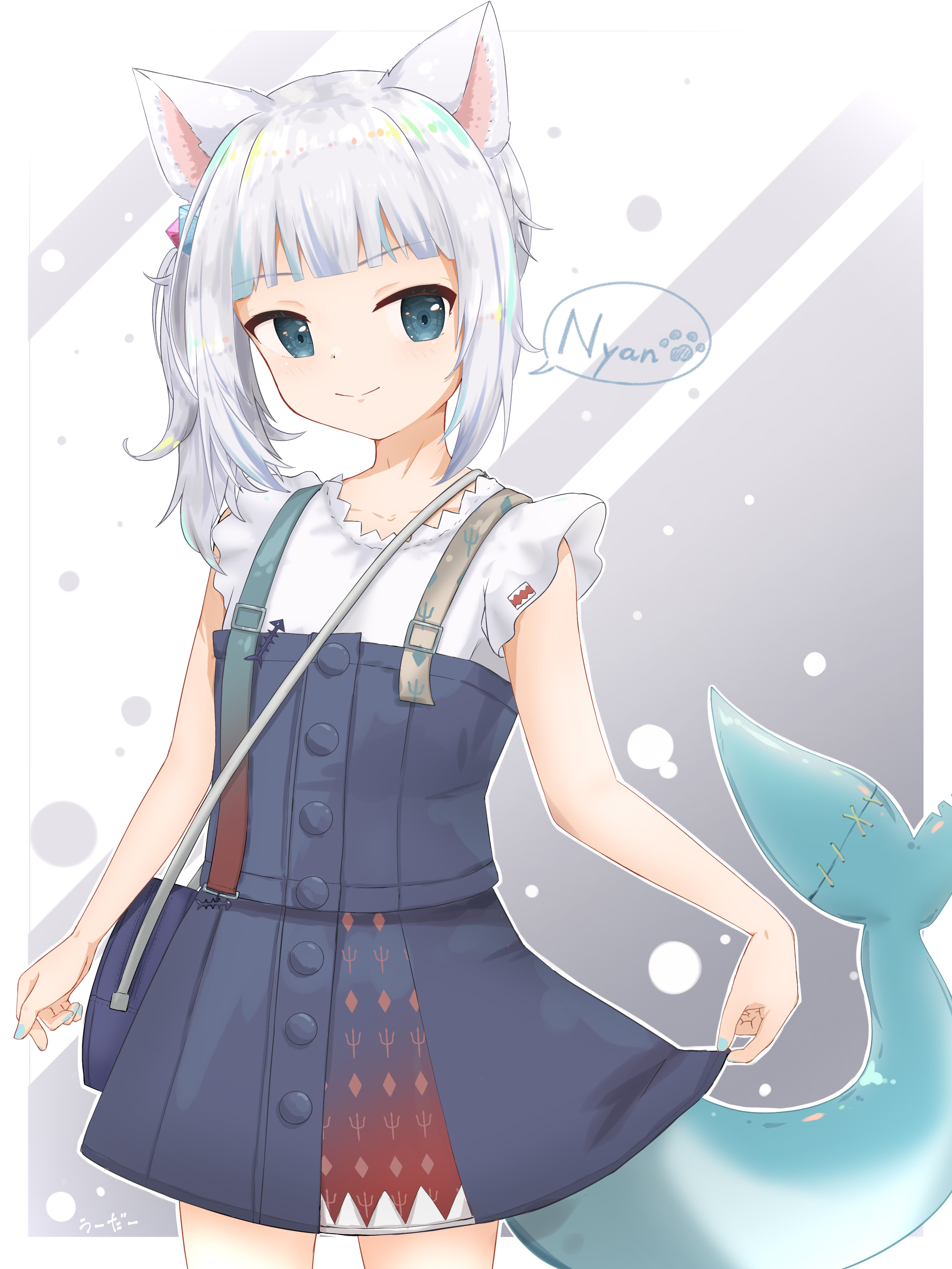 u da desu, gawr gura, gawr gura (casual), hololive, hololive english, absurdres, commentary request, highres, 1girl, animal ears, bag, blue bag, blue eyes, blue nails, blue overalls, blue streaks, cat ears, closed mouth, cube hair ornament, fins, fish tail, hair ornament, handbag, looking at viewer, medium hair, nail polish, nyan, official alternate costume, overalls, shark girl, shark tail, shirt, side ponytail, smile, solo, tail, virtual youtuber, white hair, white shirt