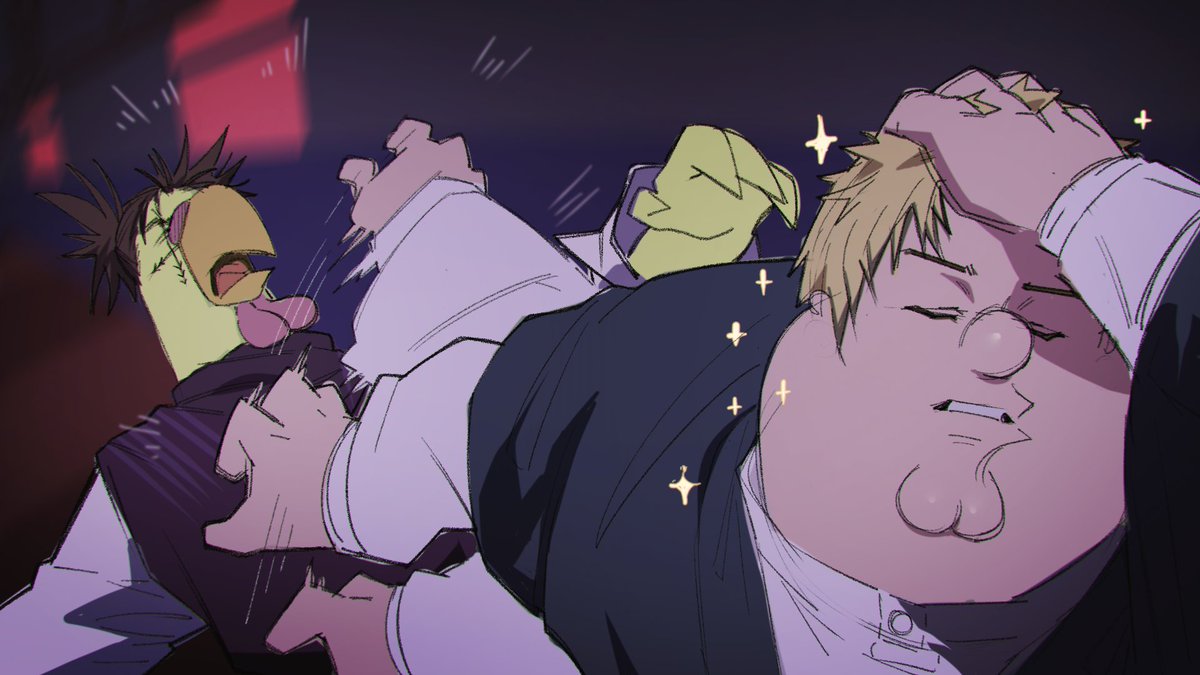 jab, kowai (iamkowai), choso (jujutsu kaisen), ernie the giant chicken, peter griffin, zen'in naoya, family guy, jujutsu kaisen, commentary, english commentary, 2boys, adjusting hair, beak, bird boy, blonde hair, brown hair, cleft chin, closed eyes, fat, fighting, multiple boys, parted lips, short twintails, sparkle, twintails