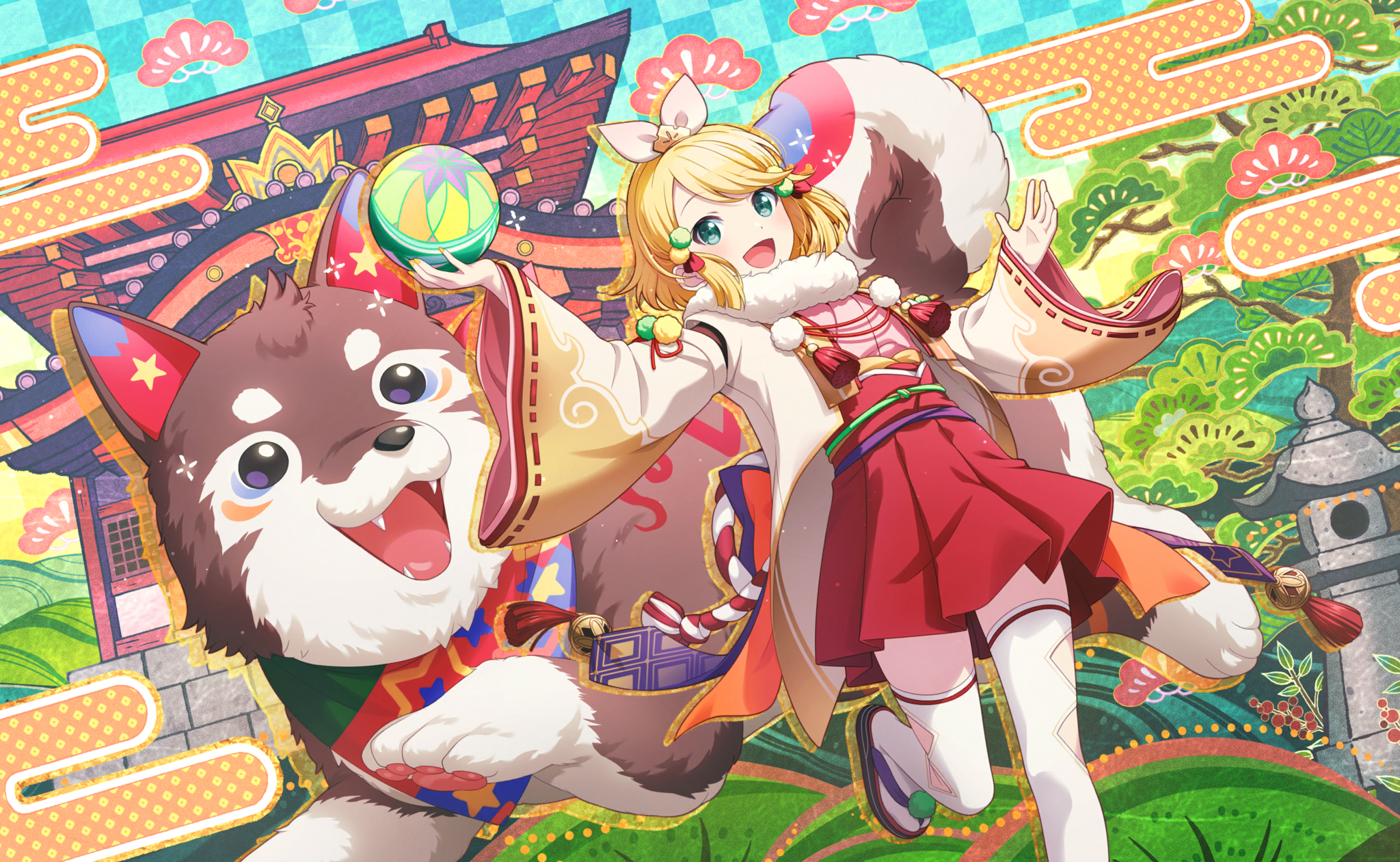 colorful palette, kagamine rin, wonderlands x showtime rin, project sekai, vocaloid, game cg, highres, official art, third-party source, 1girl, ball, blonde hair, bow, clothing cutout, dog, fangs, fingernails, hair bow, hair ornament, holding, holding ball, leg up, medium hair, nail polish, official alternate costume, official alternate hairstyle, pleated skirt, pom pom (clothes), pom pom hair ornament, red skirt, sandals, shinshun! shishimai robo no oshougatsu show! (project sekai), skirt, solo, swept bangs, tassel, thighhighs, white bow, white thighhighs, wide sleeves, yellow nails, zouri