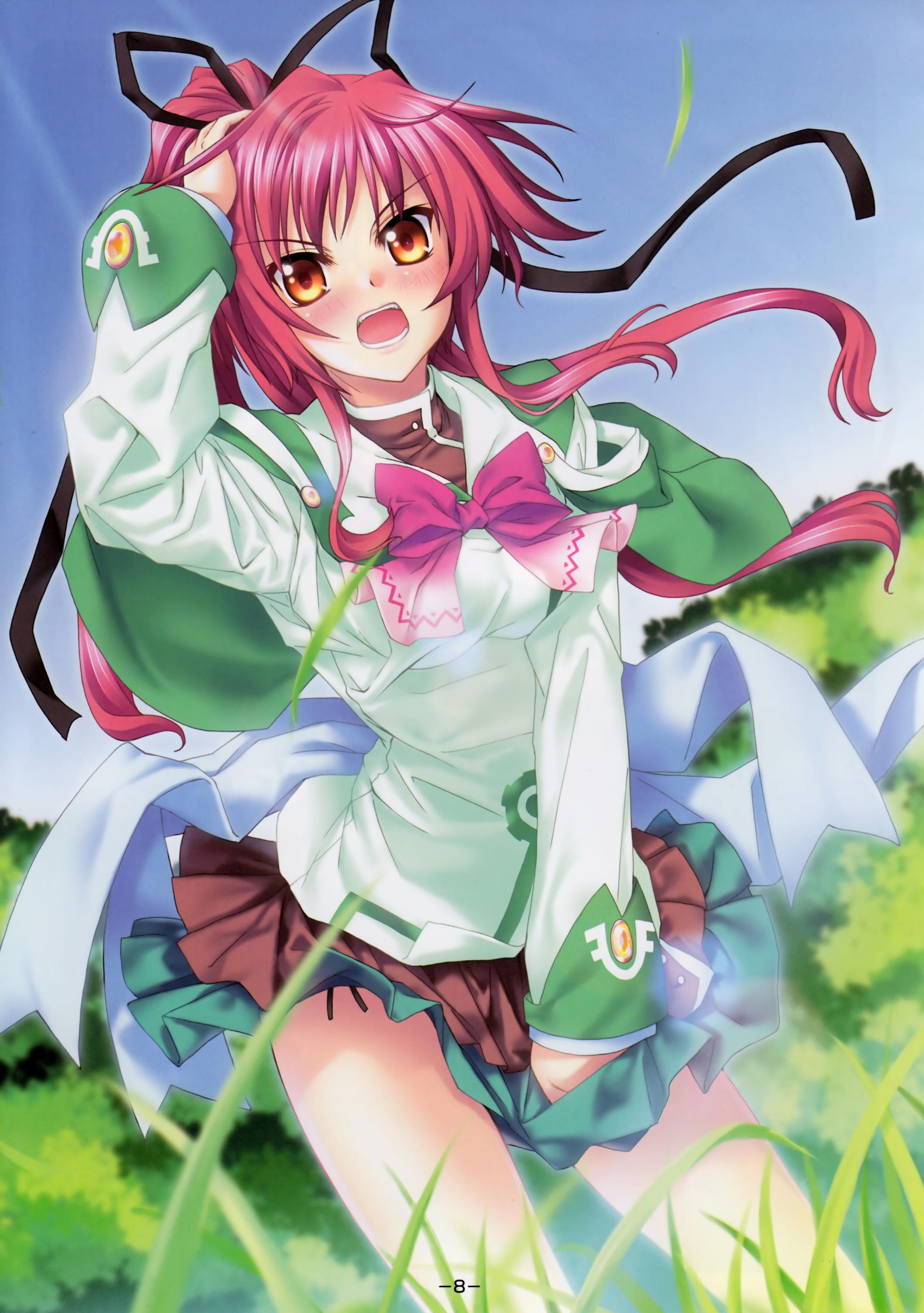 kannatsuki noboru, seera finis victoria, magus tale, absurdres, highres, blush, grass, open mouth, orange eyes, ponytail, red hair, skirt, skirt tug, solo, wind, wind lift