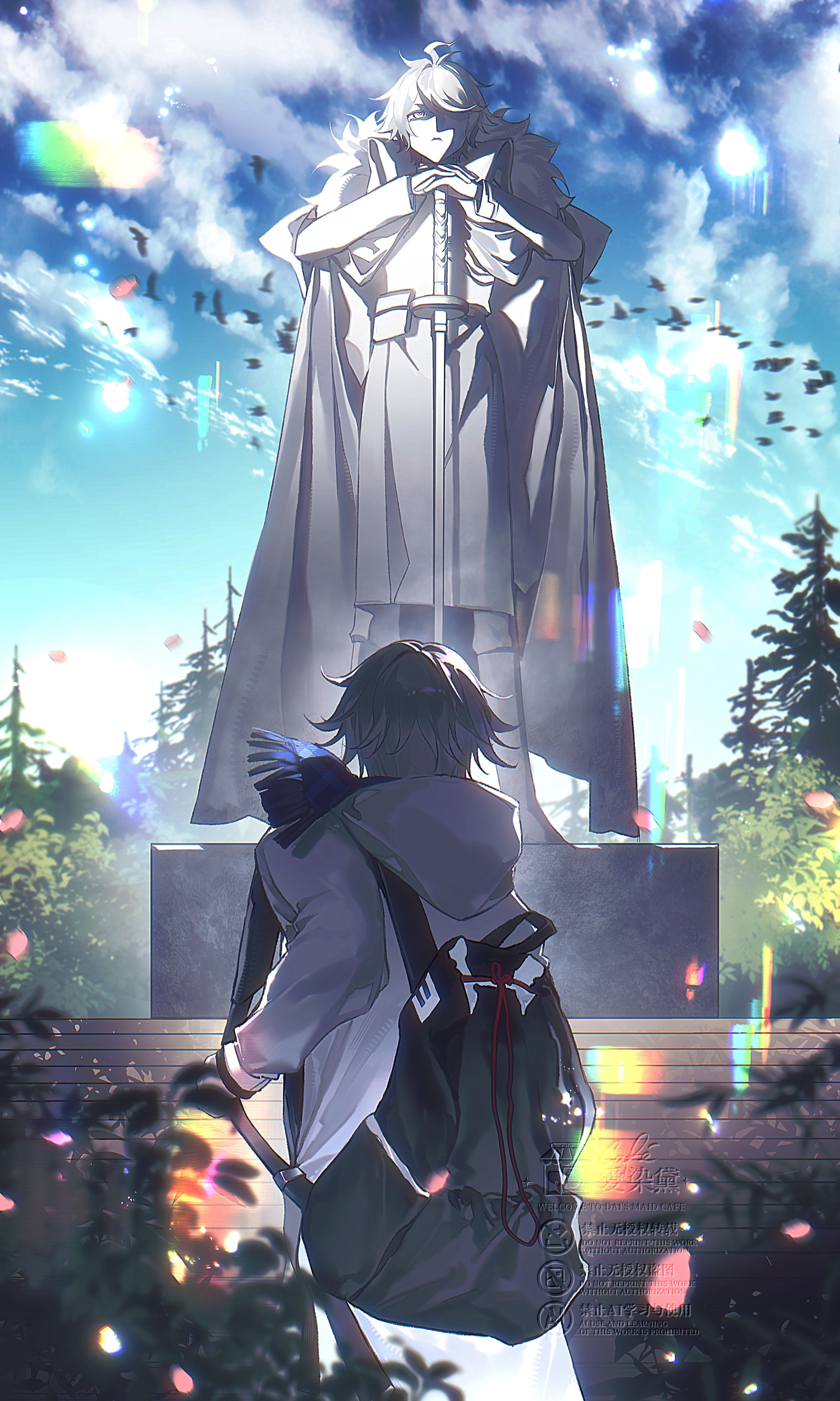 aizendai, aotsuki eito, sumino takumi, the hundred line -last defense academy-, absurdres, chinese commentary, commentary request, highres, 1boy, alternate costume, bird, black bag, blue scarf, cloak, coat, facing object, fur-trimmed cloak, fur trim, grey hair, hood, hooded coat, male focus, outdoors, planted, planted sword, planted weapon, scarf, short hair, solo, statue, sword, watermark, weapon, white coat