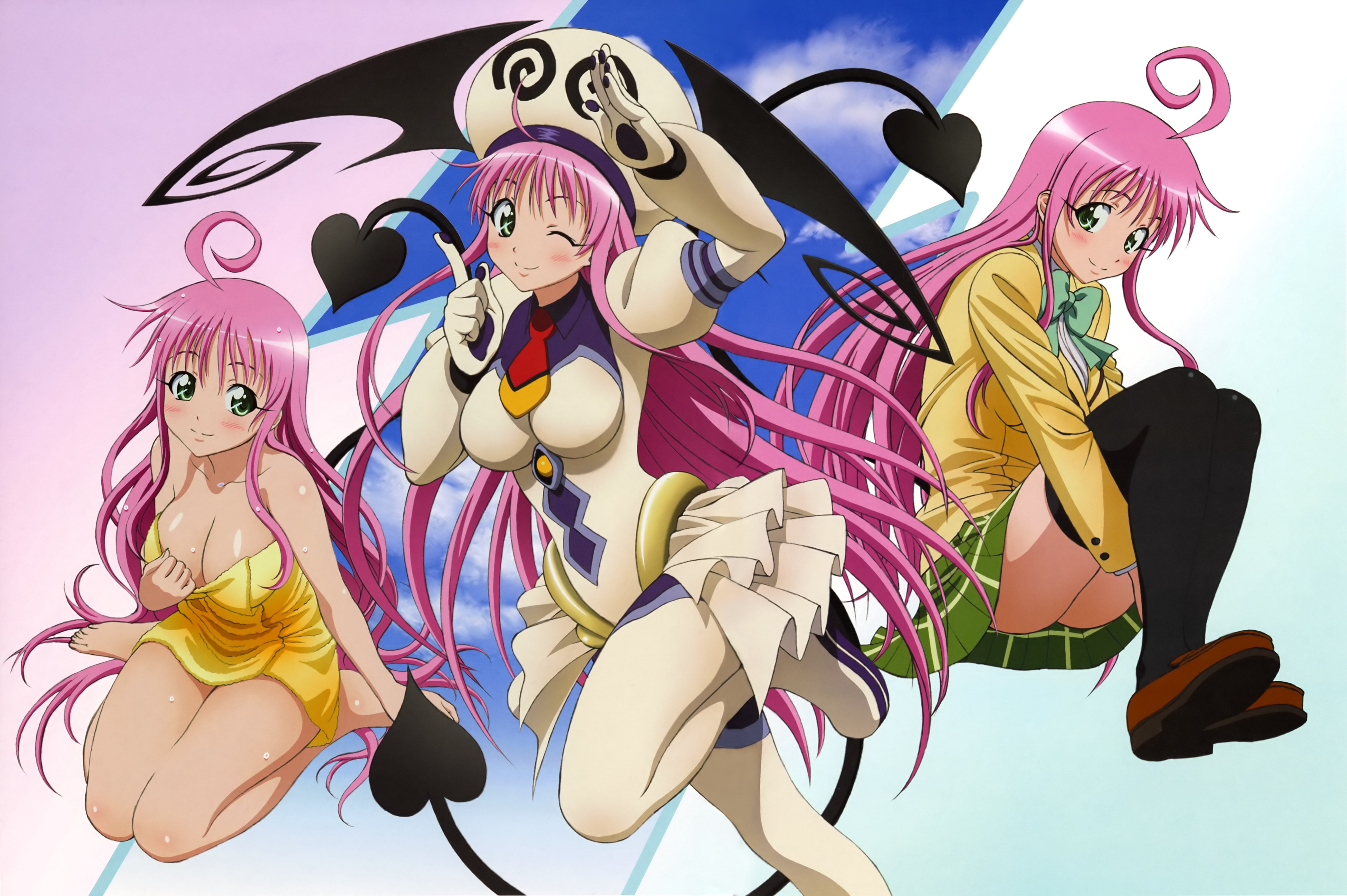 lala satalin deviluke, to love-ru, absurdres, highres, scan, tagme, green eyes, legs, long hair, miniskirt, pink hair, school uniform, skirt, smile, thighs, towel