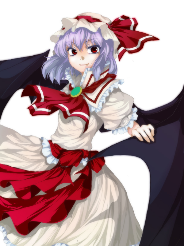 dew-spiegel, remilia scarlet, touhou, bad id, bad pixiv id, 1girl, fang, female focus, hat, purple hair, red eyes, short hair, simple background, solo, white background, wings