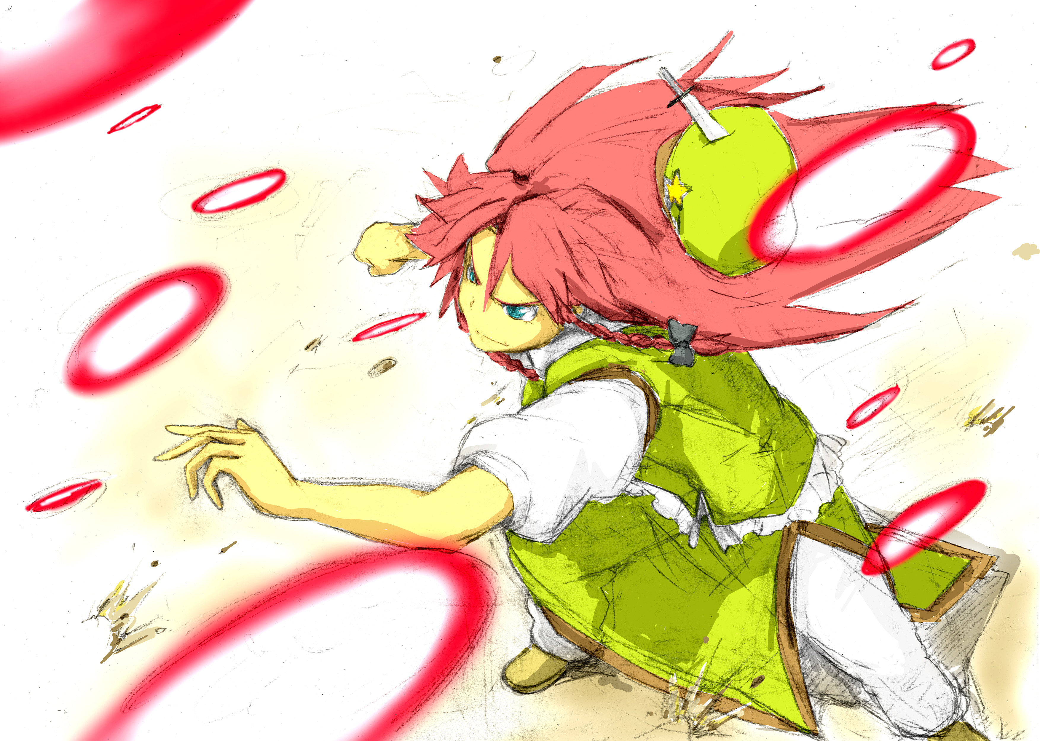 saboten, hong meiling, embodiment of scarlet devil, touhou, absurdres, highres, 1girl, blue eyes, danmaku, female focus, gradient background, hat, knife, red hair, sketch, skirt, solo, throwing knife, weapon, white background