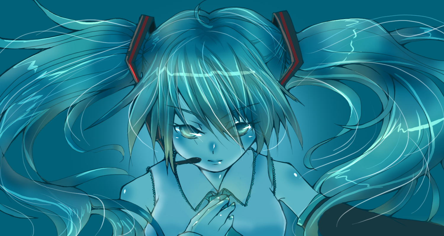 hatsune miku, vocaloid, 1girl, aqua theme, blue theme, female focus, monochrome, portrait, serious, solo, spot color, twintails