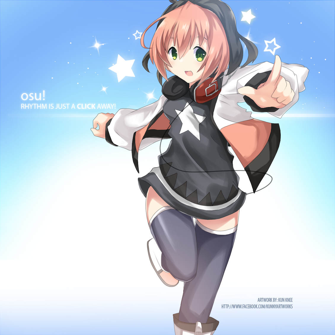 kunknee, pippi (osu!), osu!, commentary, english commentary, variant set, 1girl, artist name, black hair, black shirt, black thighhighs, boots, breasts, colored bangs, copyright name, cowlick, english text, green eyes, hair between eyes, headphones, headphones around neck, jacket, looking at viewer, multicolored hair, open clothes, open jacket, open mouth, pink hair, pointing, pointing at viewer, shirt, short hair, small breasts, solo, star (symbol), thighhighs, two-tone hair, white boots, white jacket