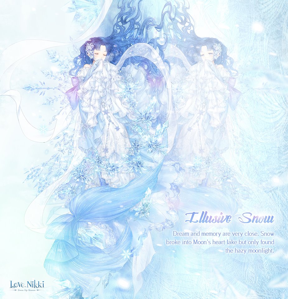 miracle nikki, nikki (series), artist request, official art, third-party source, 1girl, back bow, bare shoulders, blue background, blue eyes, blue hair, blunt bangs, bow, breath, closed eyes, colored tips, covering own mouth, different reflection, dress, frilled dress, frills, full body, hair ornament, hair spread out, half-closed eyes, ice, illusive snow (miracle nikki), long dress, long hair, long sleeves, lying, multicolored hair, off-shoulder dress, off shoulder, on side, own hands together, parted bangs, purple bow, reflection, sleeves past fingers, sleeves past wrists, snowflake hair ornament, snowflakes, snowing, very long hair, wavy hair, white dress, wide sleeves, winter