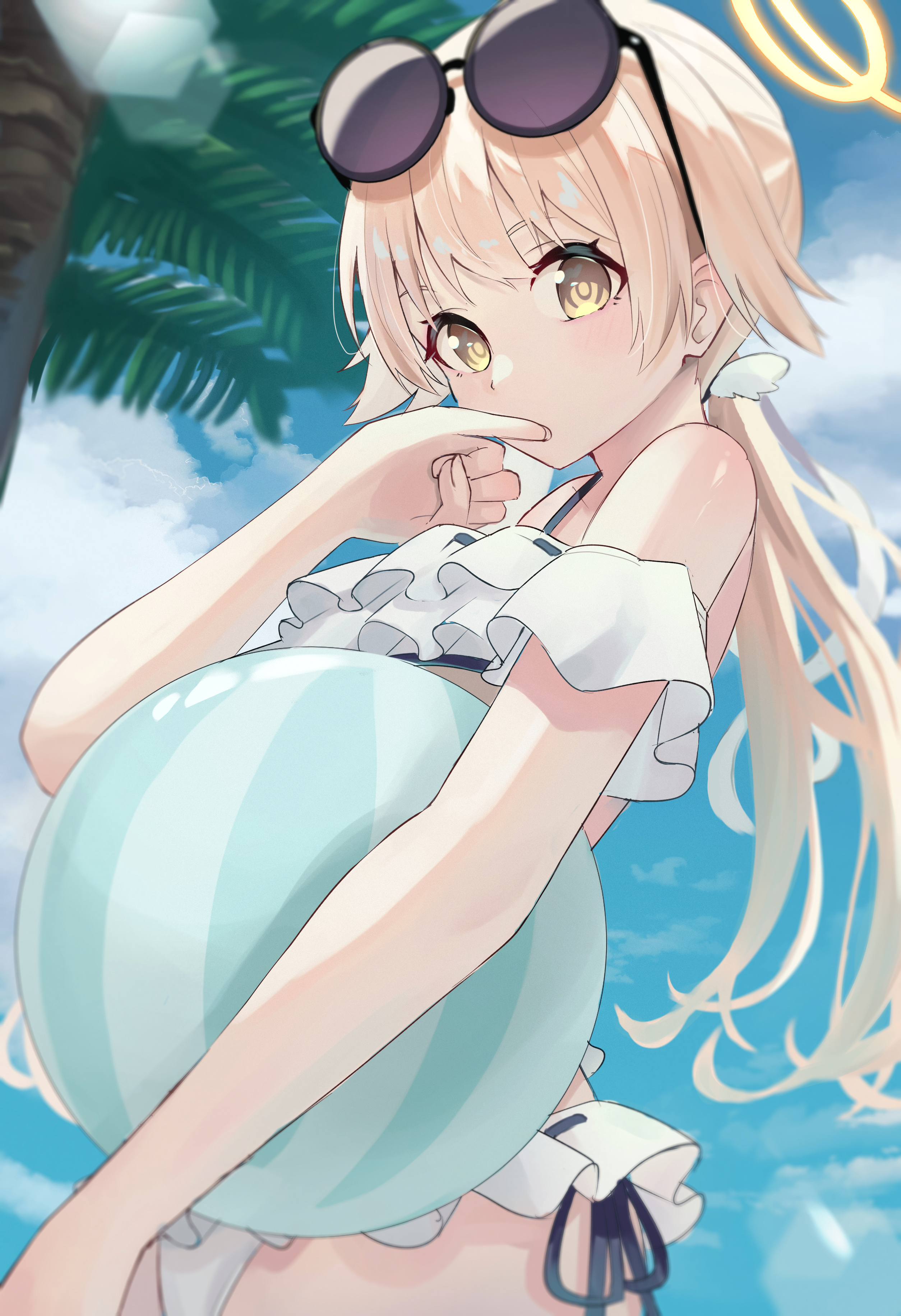 pension z, hifumi (blue archive), hifumi (swimsuit) (blue archive), blue archive, absurdres, commentary, highres, 1girl, ball, bare shoulders, beachball, bikini, blonde hair, blue ribbon, blue sky, blurry, blurry background, cloud, depth of field, dutch angle, eyewear on head, finger to mouth, frilled bikini, frills, from behind, hair ornament, halo, hand up, holding, holding ball, holding beachball, hugging object, lens flare, light blush, long hair, looking at viewer, looking down, low twintails, outdoors, palm tree, ribbon, ribbon-trimmed bikini, ribbon trim, round eyewear, ruffle bikini, sky, solo, sunglasses, swimsuit, tree, twintails, upper body, white bikini, wing hair ornament, yellow eyes, yellow halo