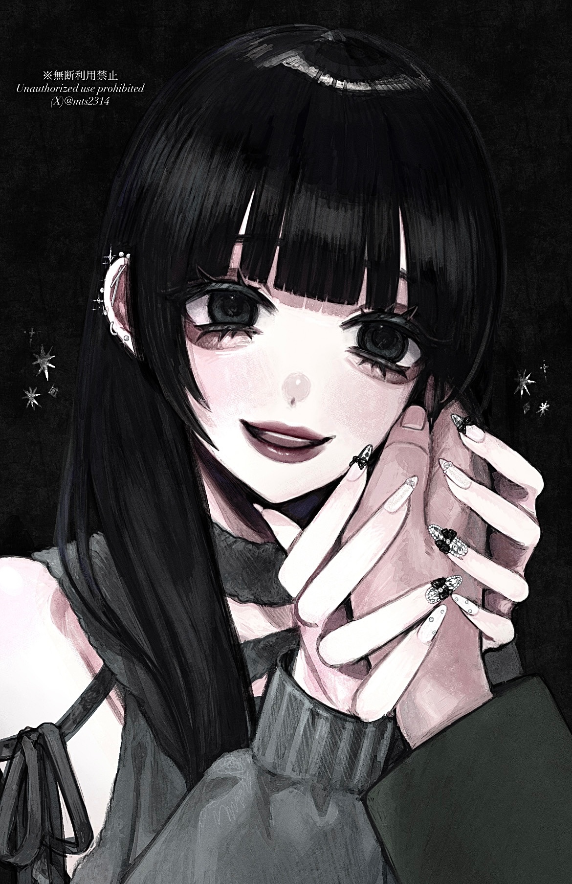 min (mts2314), original, commentary, highres, 1girl, aegyo sal, black background, black eyes, black hair, blunt bangs, clothing cutout, ear piercing, grey shirt, hair between eyes, hand grab, hand on another's cheek, hand on another's face, long hair, long sleeves, multicolored nails, open mouth, piercing, pov, pov hands, shirt, shoulder cutout, smile, upper body