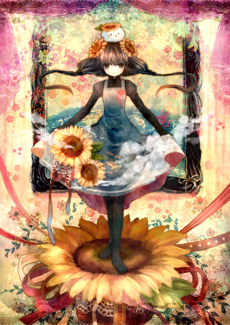 onineko, original, bad id, bad pixiv id, 1girl, curtsey, female focus, flower, full body, hair flower, hair ornament, pantyhose, skirt hold, solo, sunflower, twintails