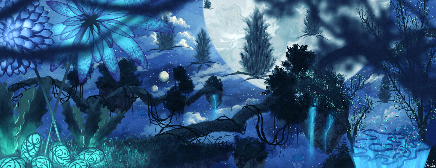 inika, original, commentary request, concept art, blue flower, cloud, cool colored, fantasy, flower, full moon, moon, multiple moons, night, no humans, outdoors, plant, scenery, sky, star (sky), starry sky