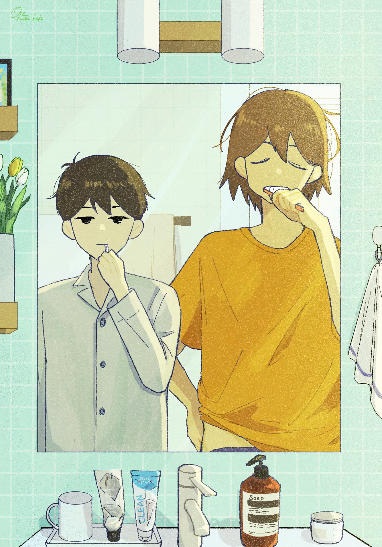 kel (faraway) (omori), kel (omori), sunny (omori), omori, commentary, english commentary, highres, 2boys, alternate costume, antenna hair, black eyes, black hair, brown hair, brushing teeth, closed mouth, collared shirt, dark-skinned male, dark skin, double-parted bangs, hair between eyes, hibi hako, holding, holding toothbrush, indoors, long shirt, looking at mirror, looking at viewer, male focus, mirror, multiple boys, open mouth, orange shirt, shirt, short hair, short sleeves, t-shirt, teeth, toothbrush, white shirt