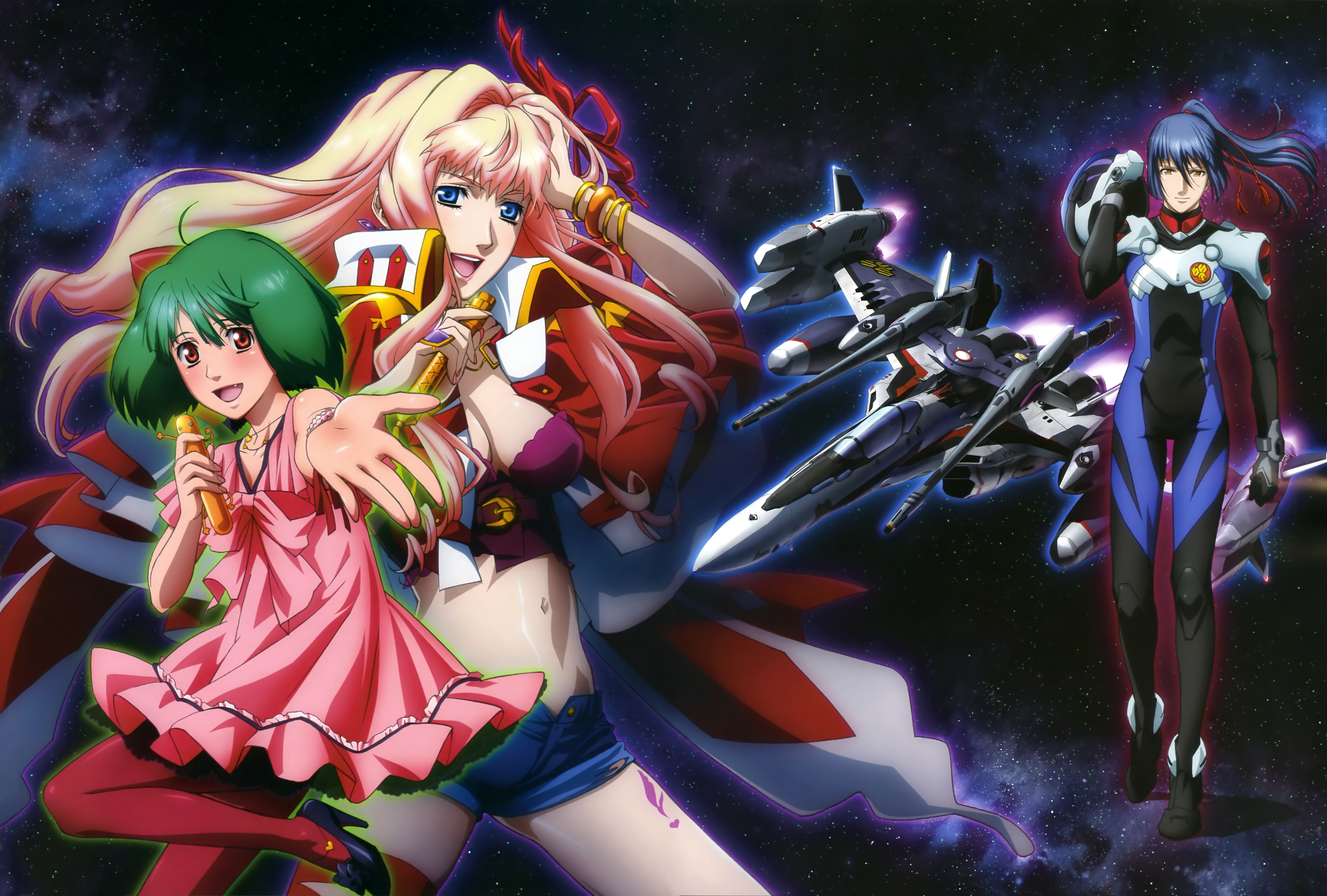 ranka lee, saotome alto, sheryl nome, vf-25, macross, macross frontier, macross frontier: itsuwari no utahime, pilot suit, absurdres, highres, official art, scan, 1boy, 2girls, blonde hair, blue eyes, blue hair, bodysuit, breasts, floating, green eyes, green hair, helmet, jewelry, long hair, multiple girls, pantyhose, short hair, space, spacesuit, tornado pack