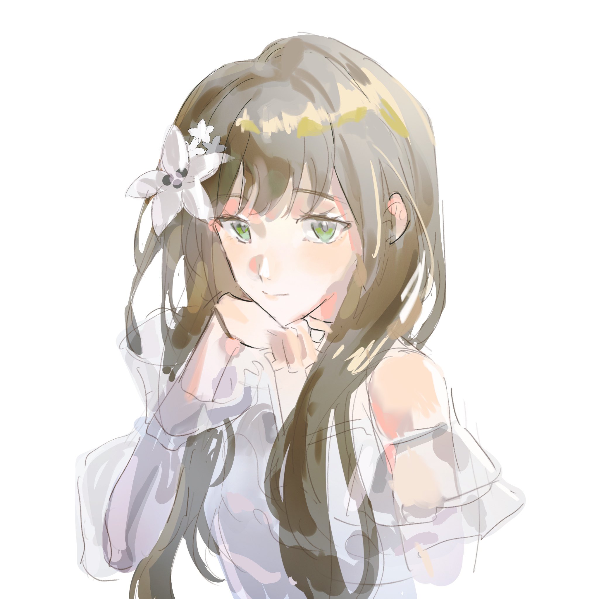 bang dream!, commentary, highres, 1girl, bang dream! our notes, brown hair, closed mouth, flower, green eyes, hair flower, hair ornament, kotohira nagi, long hair, long sleeves, looking at viewer, shirt, simple background, solo, upper body, white background, white shirt, yuhi tg