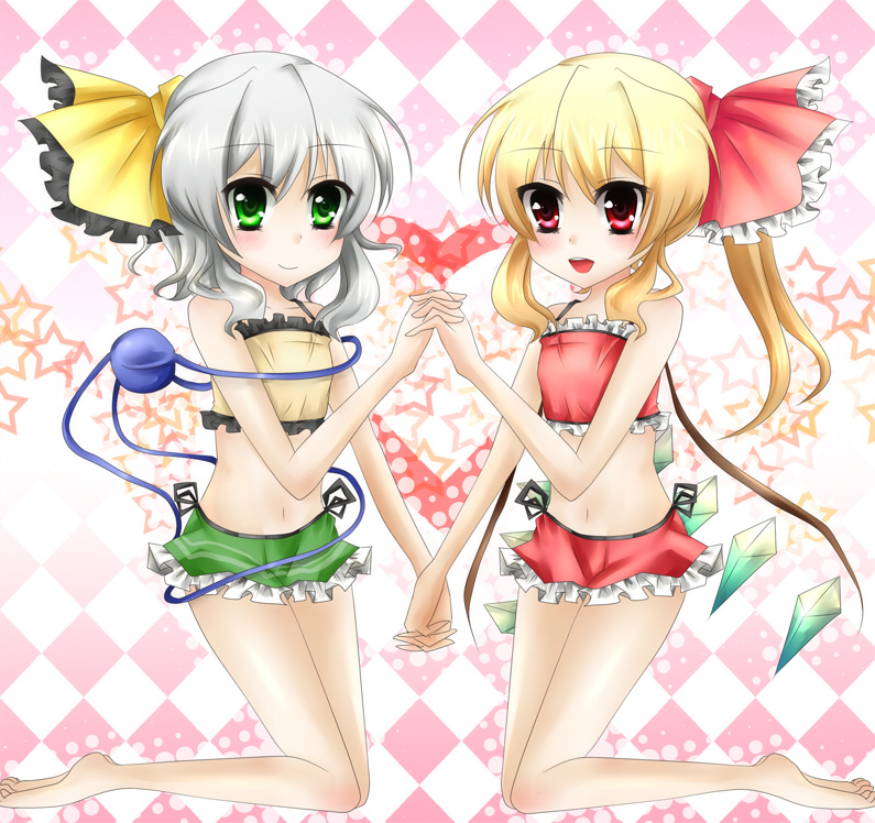 tomcho, flandre scarlet, komeiji koishi, touhou, silver hair, bad id, bad pixiv id, 2girls, bare shoulders, barefoot, blonde hair, bow, female focus, green eyes, hair bow, holding hands, kneeling, midriff, multiple girls, navel, ponytail, red eyes, short hair, wings