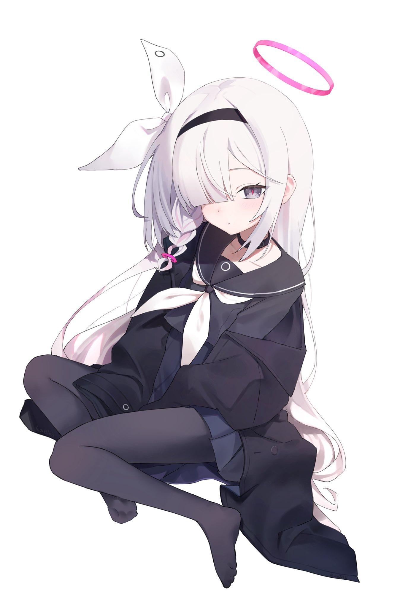 kuro11kii, plana (blue archive), blue archive, commentary request, highres, 1girl, arms between legs, black choker, black coat, black hairband, black pantyhose, black serafuku, black skirt, bow, braid, choker, coat, grey eyes, hair bow, hairband, halo, long hair, looking at viewer, neckerchief, one eye covered, pantyhose, red halo, red pupils, sailor collar, school uniform, serafuku, simple background, single braid, sitting, skirt, solo, white background, white bow, white hair, white neckerchief