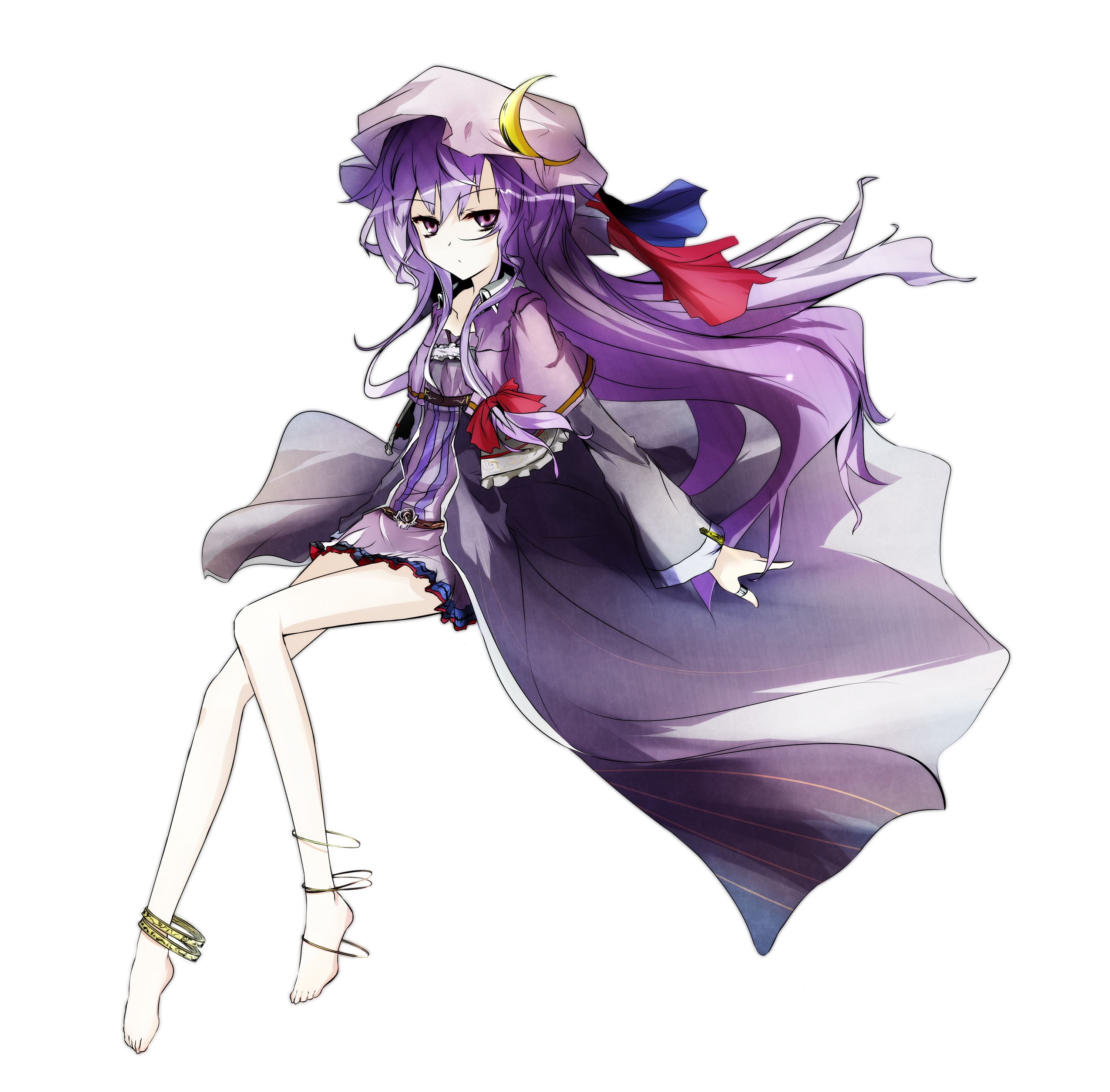 loxodon, patchouli knowledge, touhou, absurdres, highres, 1girl, alternate costume, alternate hairstyle, anklet, barefoot, bow, female focus, full body, hair bow, hair ribbon, jewelry, long hair, purple eyes, purple hair, ribbon, sitting, solo, transparent background