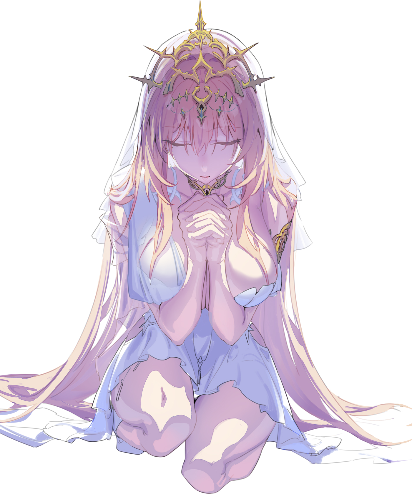 guratan, bianca: crepuscule (pgr), bianca (pgr), punishing: gray raven, commentary request, highres, 1girl, blonde hair, breasts, closed eyes, collar, dress, gold tiara, kneeling, large breasts, long hair, mole, mole under eye, own hands together, praying, see-through clothes, see-through veil, simple background, solo, tiara, veil, very long hair, white background, white dress