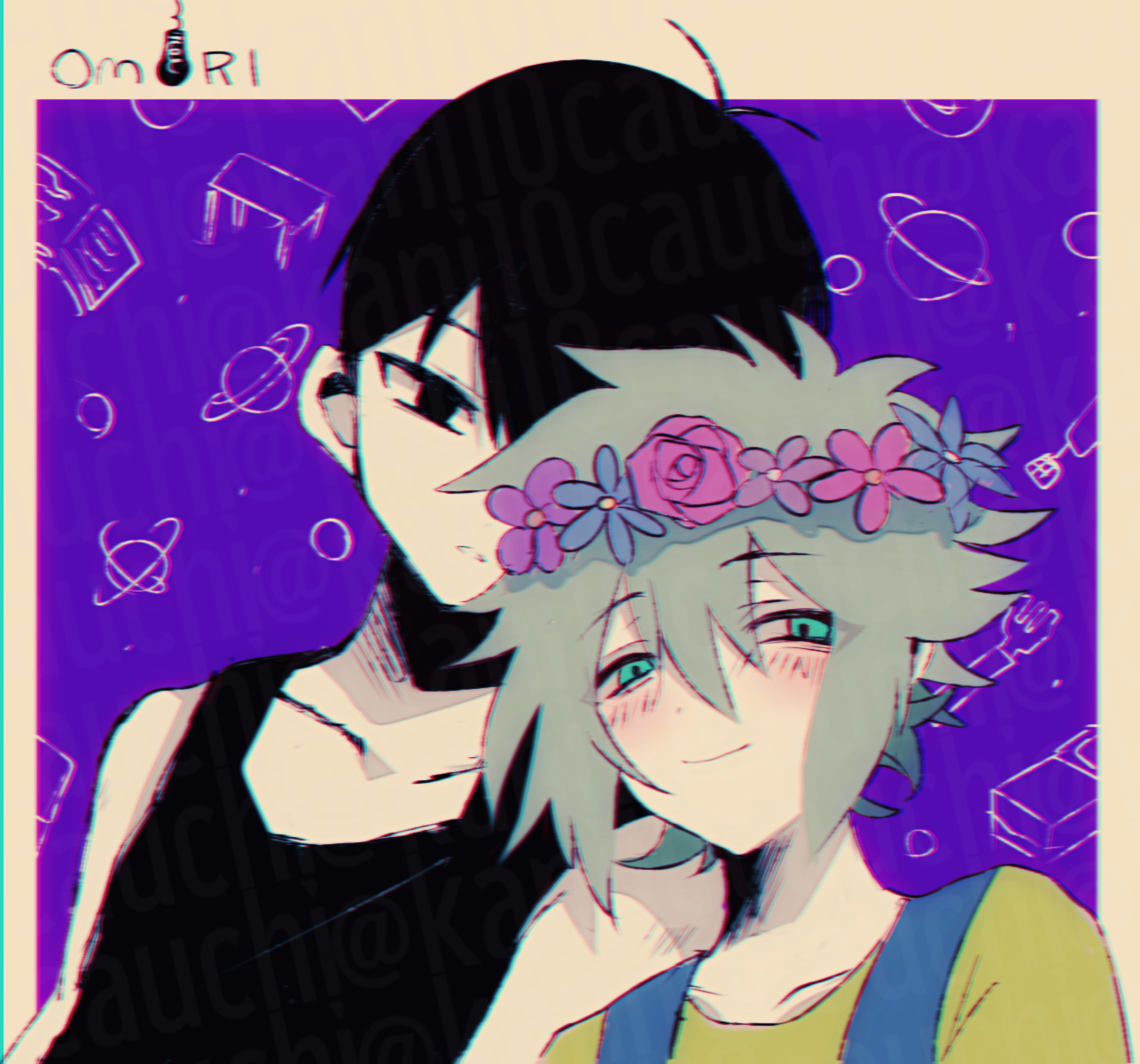 kauchi (kani10cauchi), basil (headspace) (omori), basil (omori), omori (omori), omori, commentary request, highres, 2boys, antenna hair, black eyes, black hair, black tank top, collarbone, colored skin, copyright name, double-parted bangs, flower, flower wreath, green eyes, green hair, green shirt, hair between eyes, head wreath, looking at viewer, male focus, multiple boys, shirt, sidelocks, tank top, white skin