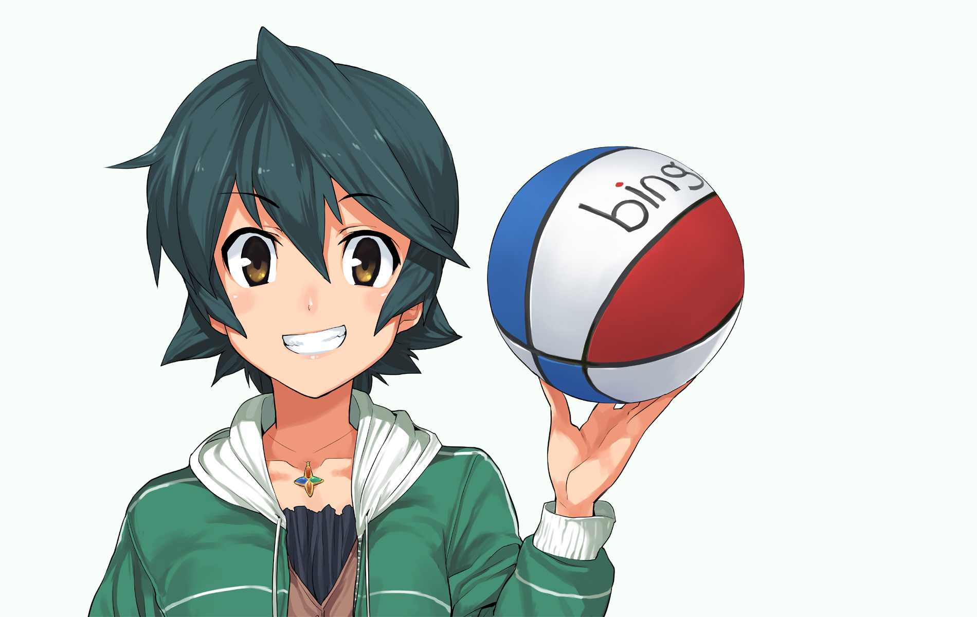 nanao (bing), microsoft bing, microsoft windows, highres, ball, basketball, basketball (object), bing, green hair, grin, jewelry, necklace, one eye closed, smile, solo, wink, yellow eyes