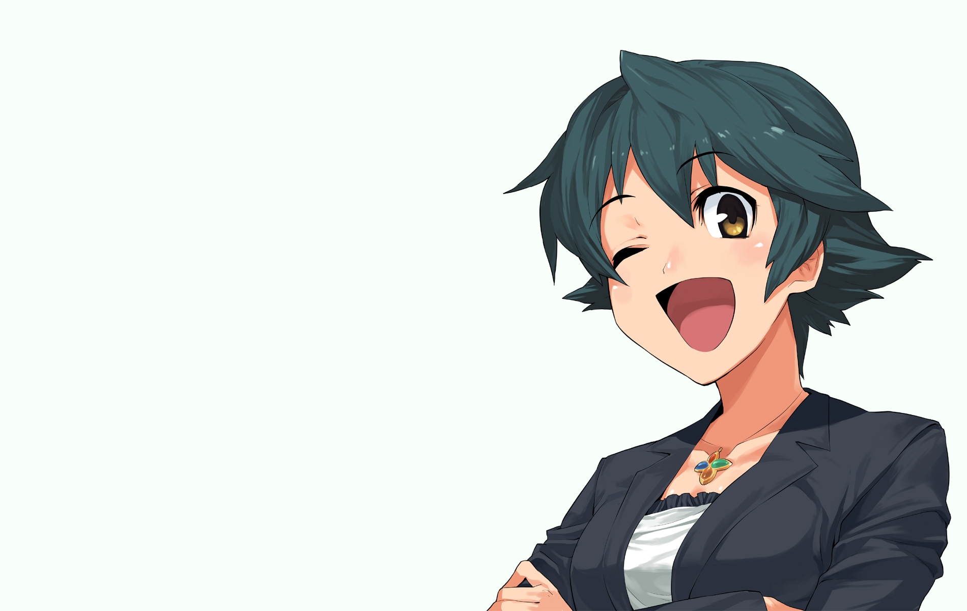 nanao (bing), microsoft bing, microsoft windows, highres, 1girl, ;d, bing, female focus, green hair, happy, jewelry, necklace, one eye closed, open mouth, short hair, smile, solo, wink, yellow eyes