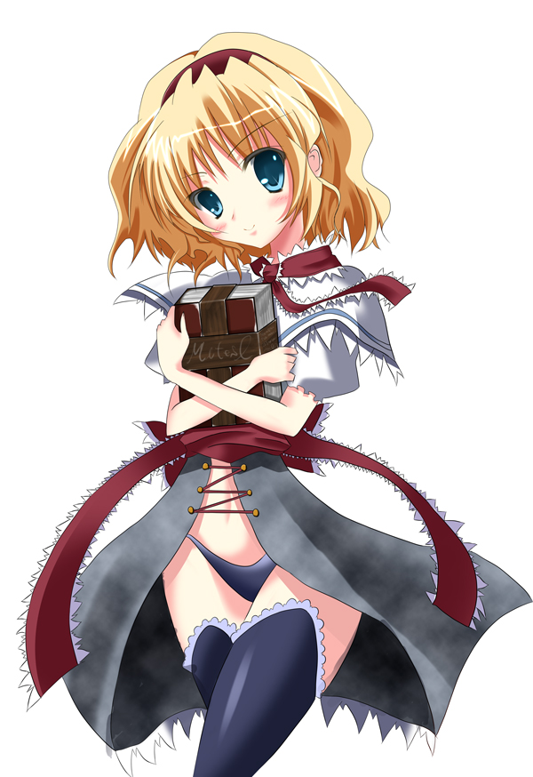 nishidate masu, yumichika, alice margatroid, touhou, bad id, bad pixiv id, 1girl, aqua eyes, black panties, black thighhighs, blonde hair, blush, book, bottomless, capelet, crossed arms, female focus, hairband, hug, navel, no pants, panties, ribbon, short hair, smile, solo, thighhighs, underwear