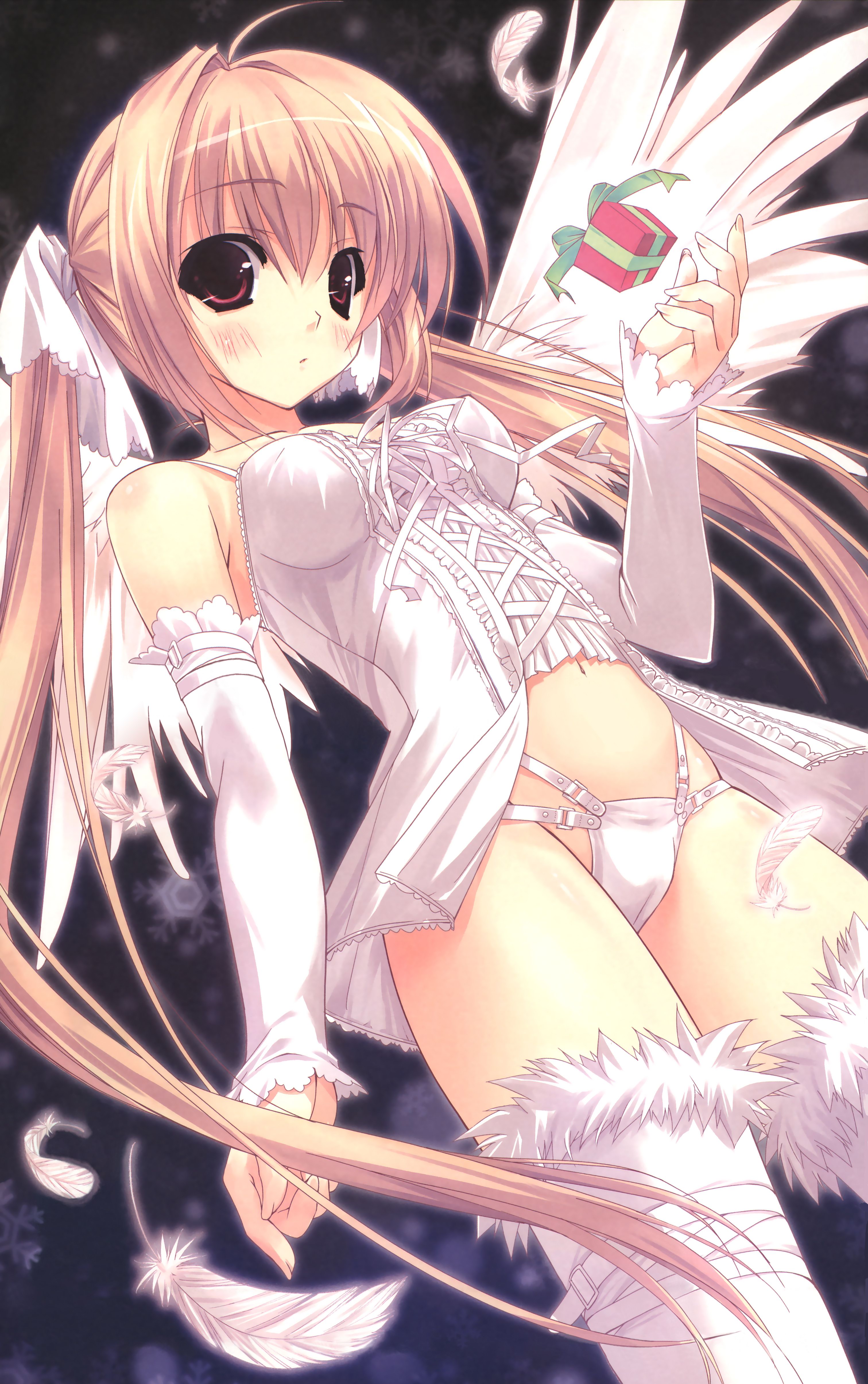 shintarou, absurdres, highres, 1girl, blush, brown eyes, detached sleeves, feathers, female focus, gift, lingerie, solo, thigh strap, thighhighs, twintails, underwear, wind, wings