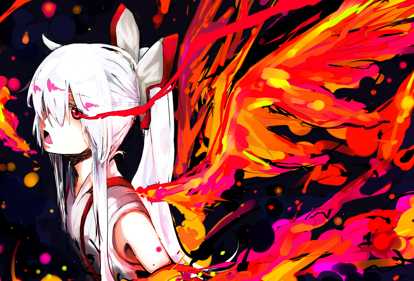 shiroshi (denpa eshidan), fujiwara no mokou, touhou, bad id, bad pixiv id, 1girl, bare shoulders, female focus, fiery wings, fire, oekaki, open mouth, ponytail, red eyes, solo, white hair, wings