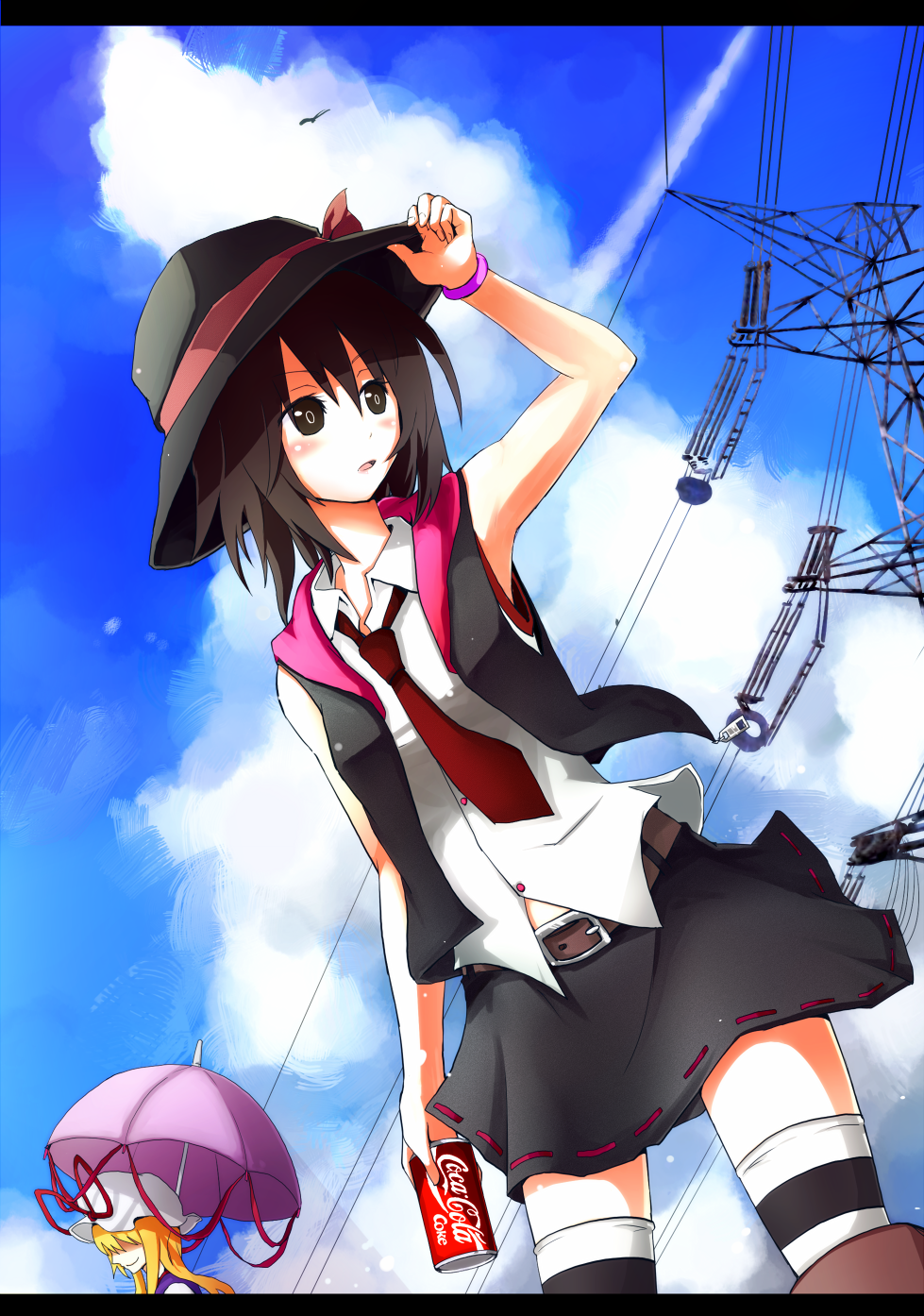 shiroshi (denpa eshidan), usami renko, yakumo yukari, coca-cola, ghostly field club, touhou, striped legwear, bad id, bad pixiv id, highres, 2girls, bare shoulders, cloud, day, female focus, hat, letterboxed, multiple girls, necktie, power lines, sky, socks, striped clothes, striped thighhighs, thighhighs, umbrella