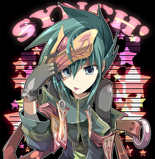 fruit punch, sync (tales), tales of (series), tales of the abyss, 00s, 1boy, :p, blue eyes, character name, gloves, green hair, male focus, mask, solo, star (symbol), tongue, tongue out