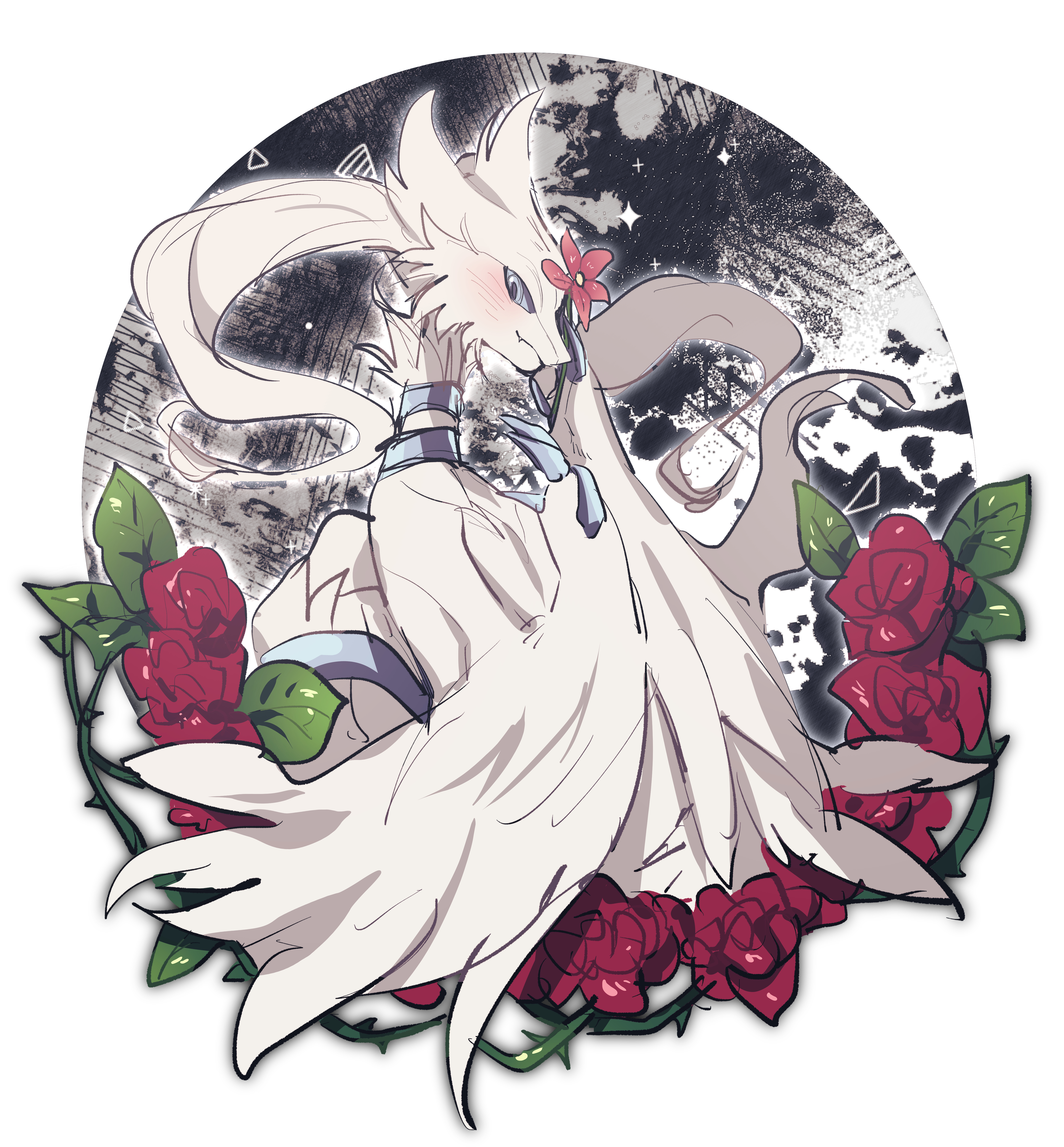 koyashaka, reshiram, nintendo, pokemon, absurdres, commentary request, highres, blue eyes, blush, creature, creature focus, flower, flower on head, gen 5 pokemon, legendary pokemon, pokemon (creature), pokemon focus, rose, thorns, white background, white fur