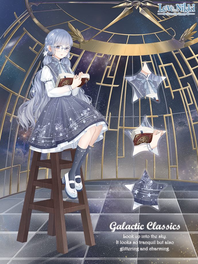 galactic classics (miracle nikki), miracle nikki, nikki (series), artist request, official art, third-party source, 1girl, ankle socks, belt, belt buckle, blue belt, blue bow, blue bowtie, blue capelet, blue eyes, blue hair, blue skirt, blue socks, book, bow, bowtie, brooch, buckle, capelet, character name, close-up, collared capelet, constellation print, copyright logo, dot nose, downturned eyes, english text, expressionless, full body, glasses, grey-framed eyewear, hair ornament, hair tie, high collar, holding, holding book, indoors, jewelry, juliet sleeves, knees, light blush, light particles, logo, long hair, long sleeves, low twintails, mary janes, medium skirt, night, observatory, on stool, open book, parted lips, pleated skirt, print capelet, print skirt, print socks, puffy sleeves, reading, shirt, shoes, sitting, skirt, sky, sleeve belt, socks, solo, star (sky), star (symbol), star brooch, star hair ornament, star print, starry sky, starry sky print, twintails, very long hair, wavy hair, white shirt, white shoes