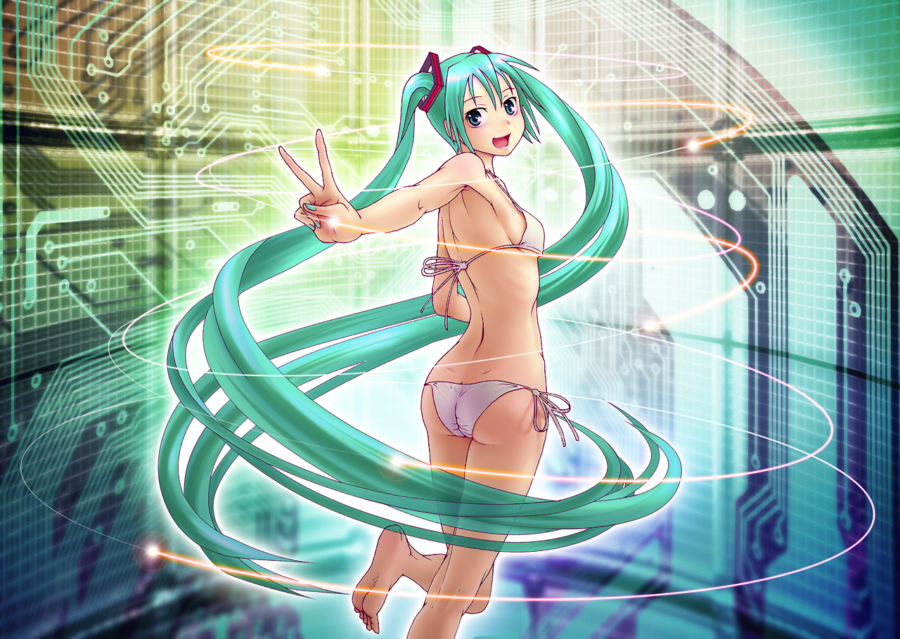 wokada, hatsune miku, vocaloid, 1girl, armpits, ass, barefoot, bikini, butt crack, dimples of venus, feet, female focus, fingernails, flat chest, green eyes, green hair, green nails, legs, long hair, looking at viewer, looking back, matching hair/eyes, nail polish, side-tie bikini bottom, soles, solo, swimsuit, toes, twintails, v, very long hair