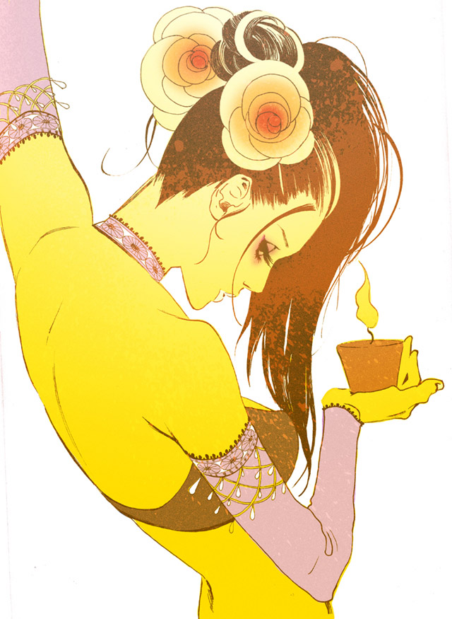 matsuo hiromi, bad id, bad pixiv id, 1girl, armlet, back, bikini, bikini top only, black bikini, black hair, breasts, candle, eyelashes, female focus, flower, from side, hair bun, half-closed eyes, holding, holding candle, jewelry, long hair, simple background, single hair bun, solo, swimsuit, white background