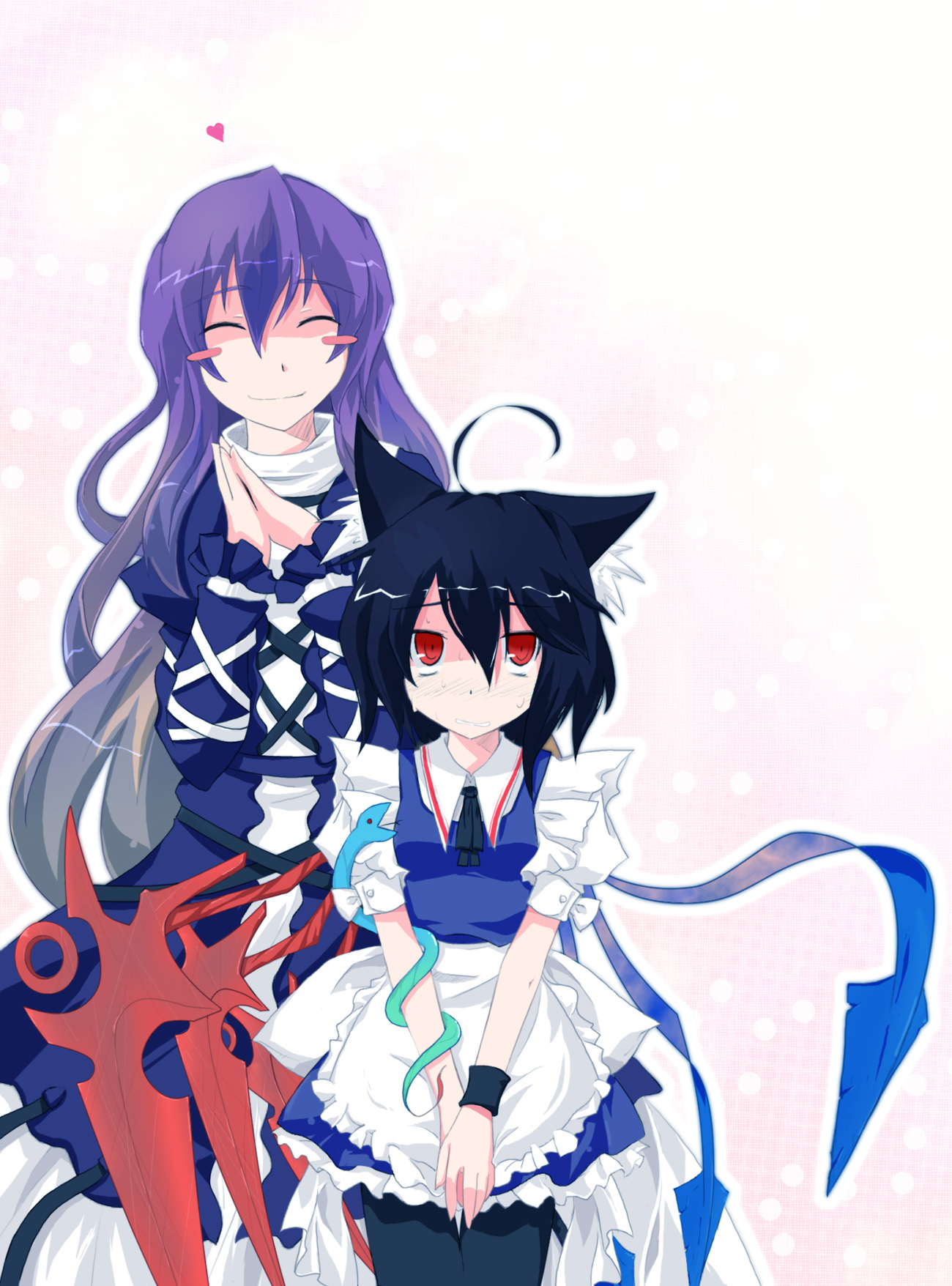 auer, hijiri byakuren, houjuu nue, touhou, bad id, bad pixiv id, highres, 2girls, ahoge, alternate costume, animal ears, apron, black hair, cat ears, cat girl, dress, enmaided, female focus, gradient hair, kemonomimi mode, long hair, maid, maid apron, multicolored hair, multiple girls, pantyhose, red eyes, short hair, snake, waist apron, wings