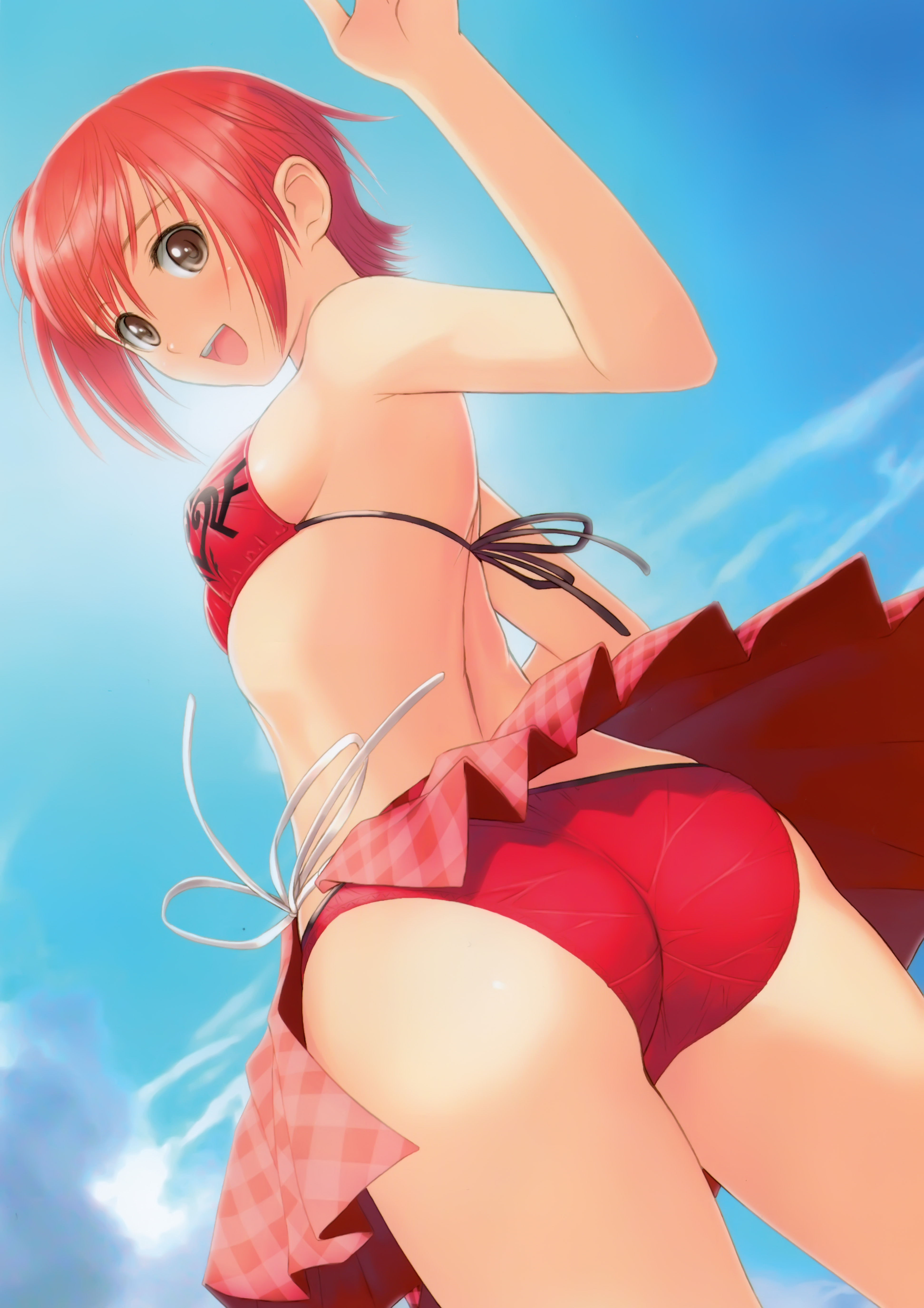 tony taka, seena kanon, sega, shining (series), shining wind, absurdres, highres, 1girl, ass, bikini, breasts, brown eyes, cloud, day, female focus, looking back, medium breasts, open mouth, pants, red bikini, red hair, short hair, sideboob, skirt, sky, smile, solo, string bikini, swimsuit