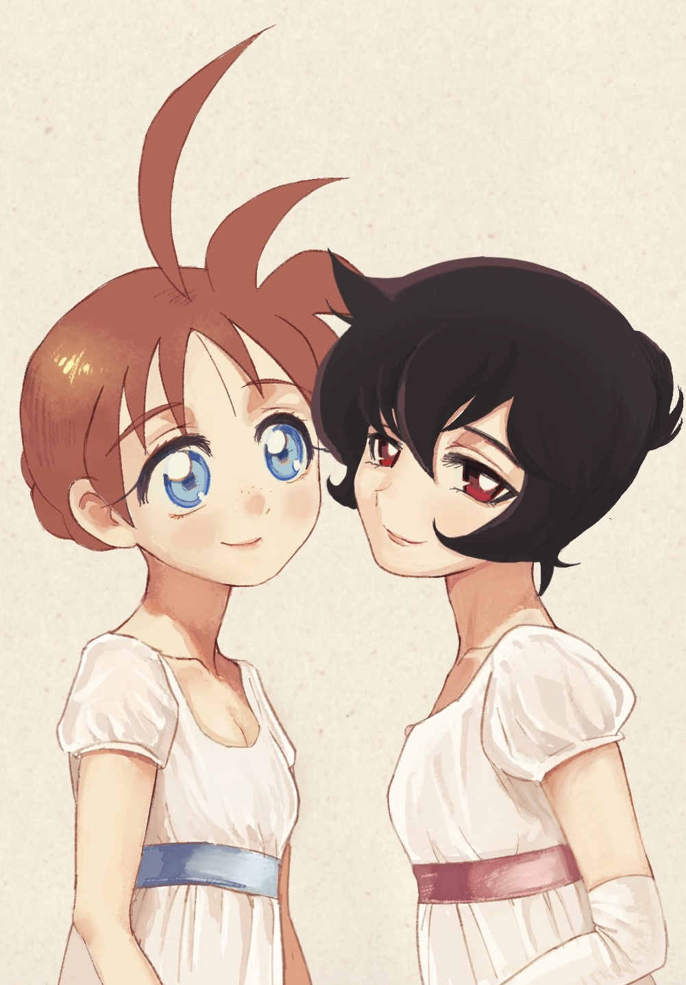 ahiru (princess tutu), rue (princess tutu), princess tutu, highres, 2girls, ahoge, alternate costume, aristocratic clothes, black hair, blue eyes, dress, elbow gloves, empire waist, eyelashes, freckles, georgian era, gloves, hair bun, high-waist dress, lips, multiple girls, neo-classical clothes, orange hair, red eyes, regency era, smile, tiessssss, upper body