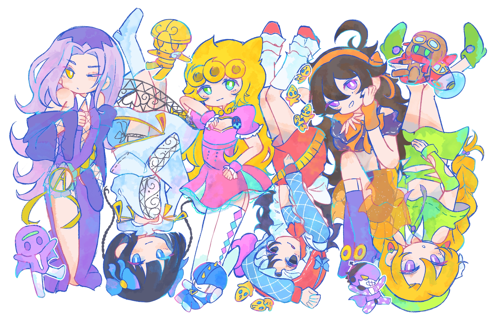 aerosmith (stand), bruno bucciarati, giorno giovanna, gold experience, guido mista, leone abbacchio, moody blues (stand), narancia ghirga, pannacotta fugo, purple haze (stand), sex pistols (stand), sticky fingers (stand), jojo no kimyou na bouken, vento aureo, commentary request, highres, 6+girls, black eyes, black hair, blonde hair, blue bow, blue eyes, boots, bow, cleavage cutout, closed mouth, clothing cutout, debufpawaamhcxf, dress, genderswap, genderswap (mtf), green eyes, hair bow, hairband, high heel boots, high heels, multiple girls, navel, navel cutout, one eye closed, open mouth, orange bow, pink dress, purple eyes, simple background, smile, stand (jojo), thighhighs, tongue, tongue out, white background, white boots, yellow eyes