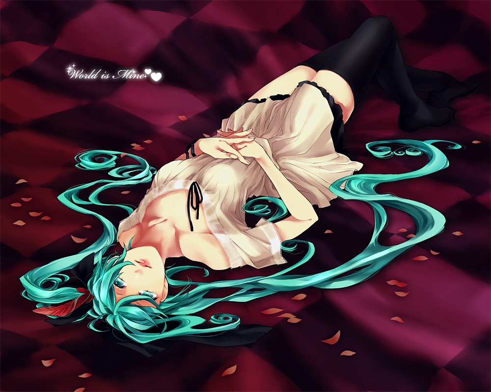 ichinose ui, hatsune miku, vocaloid, world is mine (vocaloid), bad id, bad pixiv id, black thighhighs, green eyes, green hair, hair ribbon, lips, long hair, lying, on back, own hands clasped, own hands together, petals, ribbon, solo, thighhighs