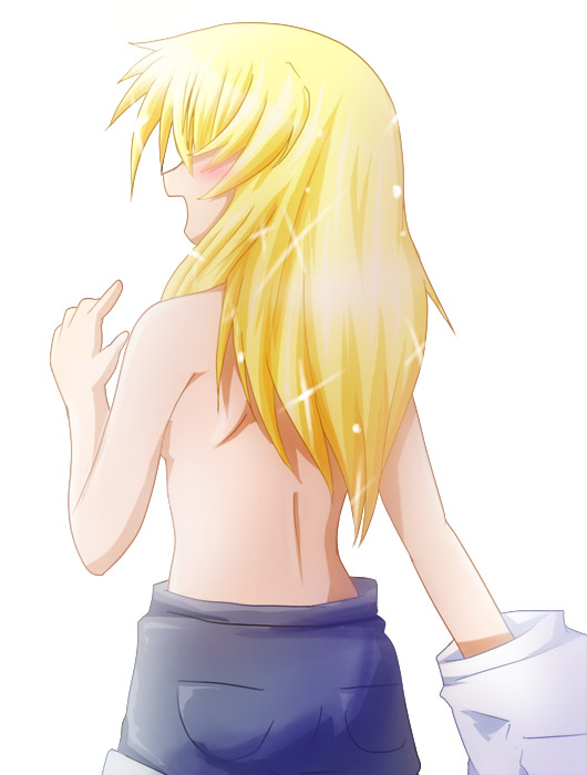 shishinon, miyako (hidamari sketch), hidamari sketch, 1girl, blonde hair, blush, female focus, from behind, long hair, open mouth, simple background, solo, topless female, undressing, white background