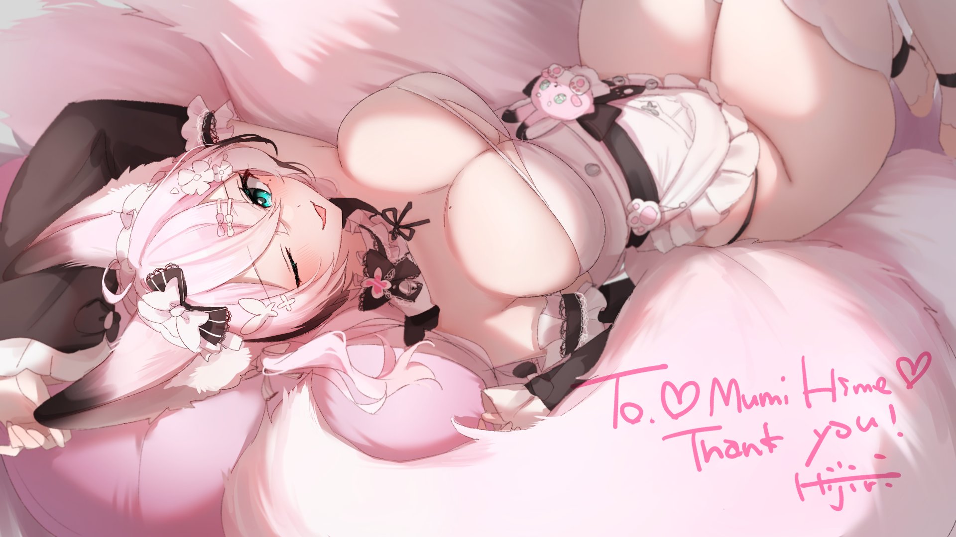 twt vv202, indie virtual youtuber, commentary request, commission, highres, skeb commission, 1girl, ;p, animal ears, apron, black bow, black sleeves, blue eyes, bow, breasts, character name, detached sleeves, flower, fox ears, fox girl, fox tail, hair bow, hair flower, hair ornament, kitsune, multiple tails, mumi hime (vtuber), one eye closed, pink bow, solo, tail, thank you, tongue, tongue out, virtual youtuber, white apron, white bow, white flower