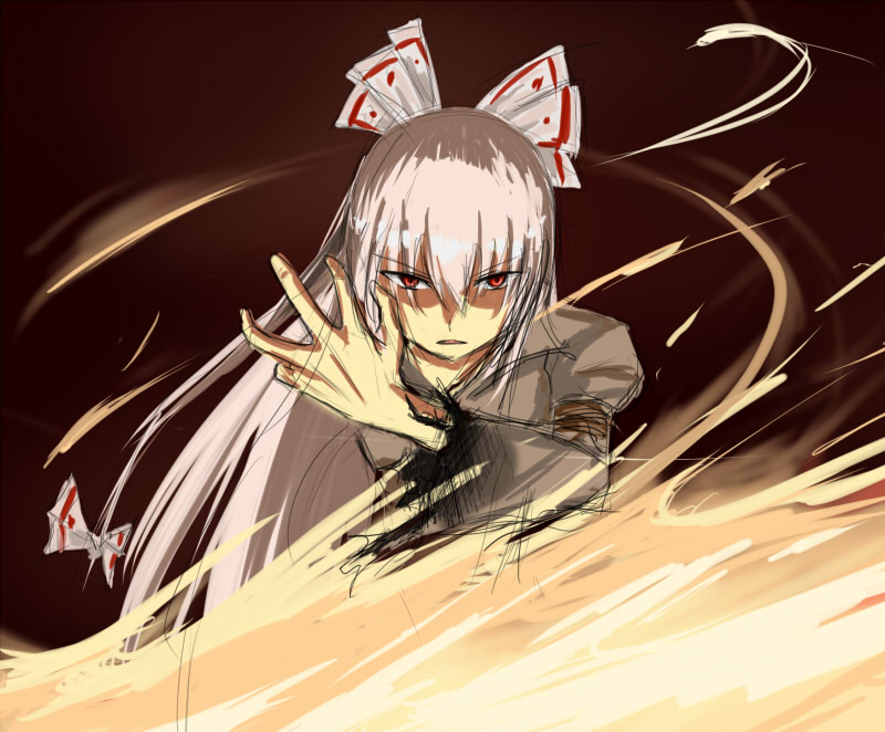 ill-sh, fujiwara no mokou, touhou, 1girl, angry, female focus, fire, gradient background, solo, upper body