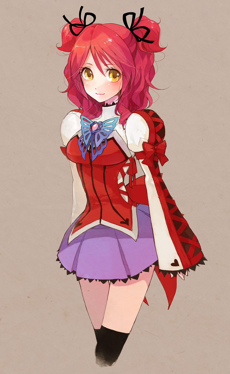 pyon-kichi, cheria barnes, tales of (series), tales of graces, bad id, bad pixiv id, highres, 1girl, female focus, grey background, heart, pink hair, profile, purple skirt, red hair, ribbon, skirt, solo, thighhighs, two side up, yellow eyes, zettai ryouiki