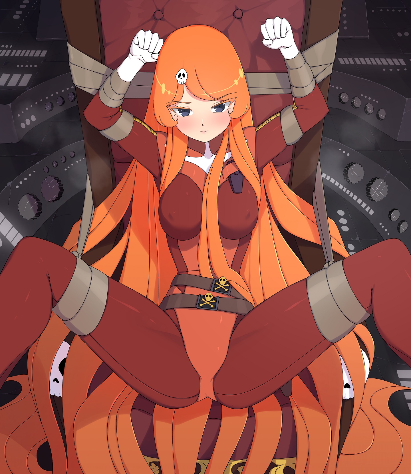 troy7737, emeraldas, harlock saga, queen emeraldas, uchuu kaizoku captain harlock, commentary request, highres, korean commentary, bdsm, belt, belt buckle, blush, bodysuit, bondage, bound, bound arms, bound wrists, brown belt, buckle, chair, closed mouth, colored eyelashes, covered erect nipples, eyelashes, gloves, hair ornament, jolly roger, leather chair, leotard, light blush, long hair, m legs, multiple belts, nipples, on chair, orange hair, pirate, pirate costume, red bodysuit, red leotard, restrained, sheath, ship deck, skull, skull belt, skull hair ornament, skull print, spacecraft, spread legs, tape, tape bondage, thighs, tied to chair, very long hair, white gloves