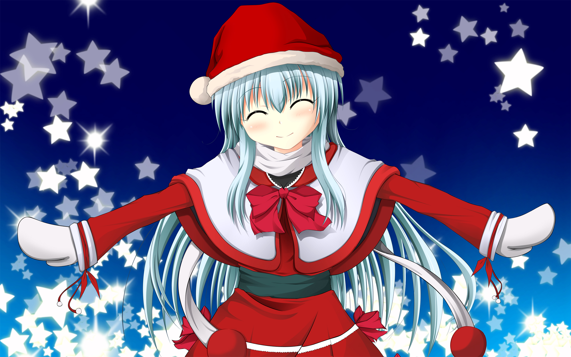 taroimo, original, highres, blue hair, blush, closed eyes, happy, hat, long hair, ribbon, santa costume, smile, solo