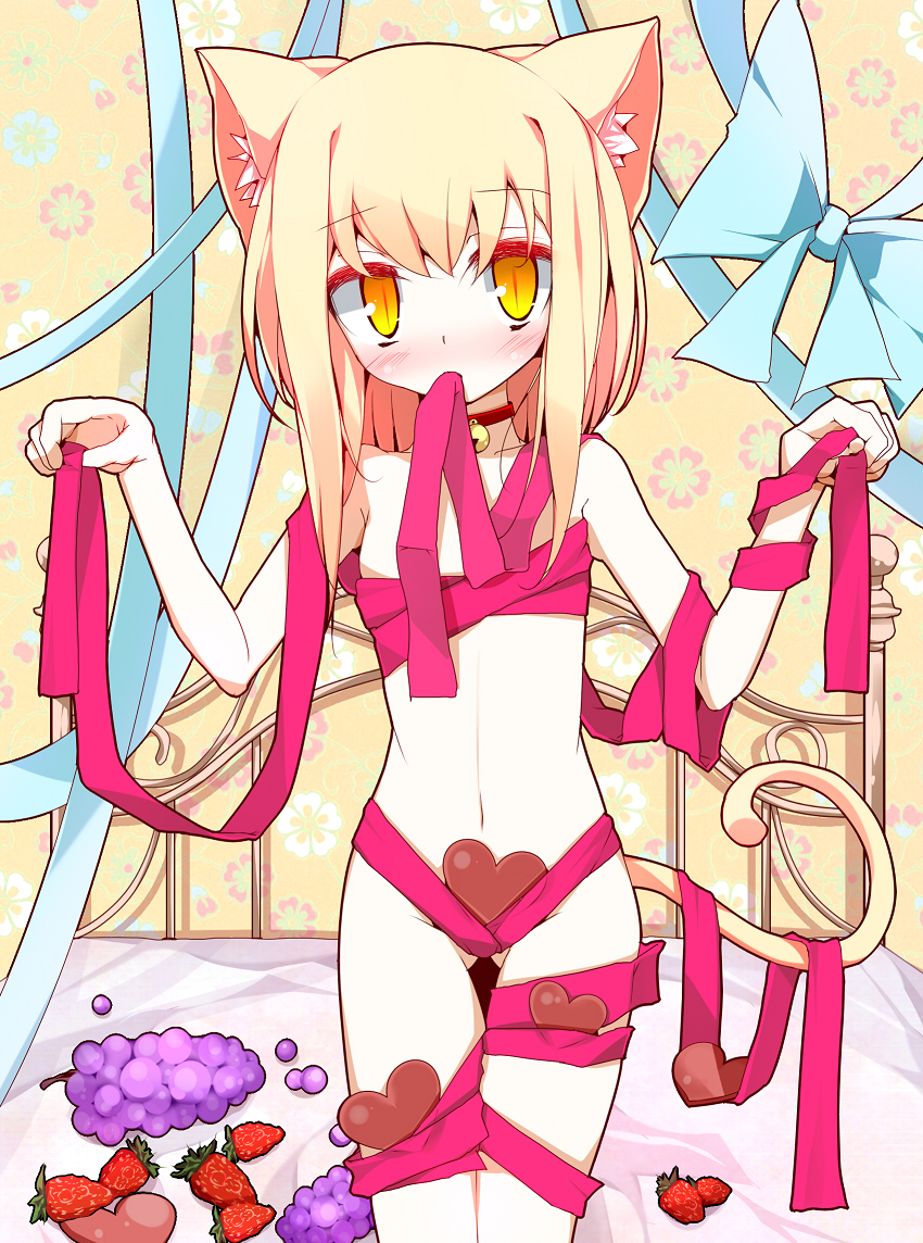 oouso, original, bad id, bad pixiv id, 1girl, animal ears, bell, blonde hair, blush, cat ears, cat girl, cat tail, chocolate, collar, female focus, flat chest, food, fruit, grapes, heart, jingle bell, loli, looking at viewer, naked ribbon, ribbon, short hair, slit pupils, solo, standing, strawberry, tail, yellow eyes