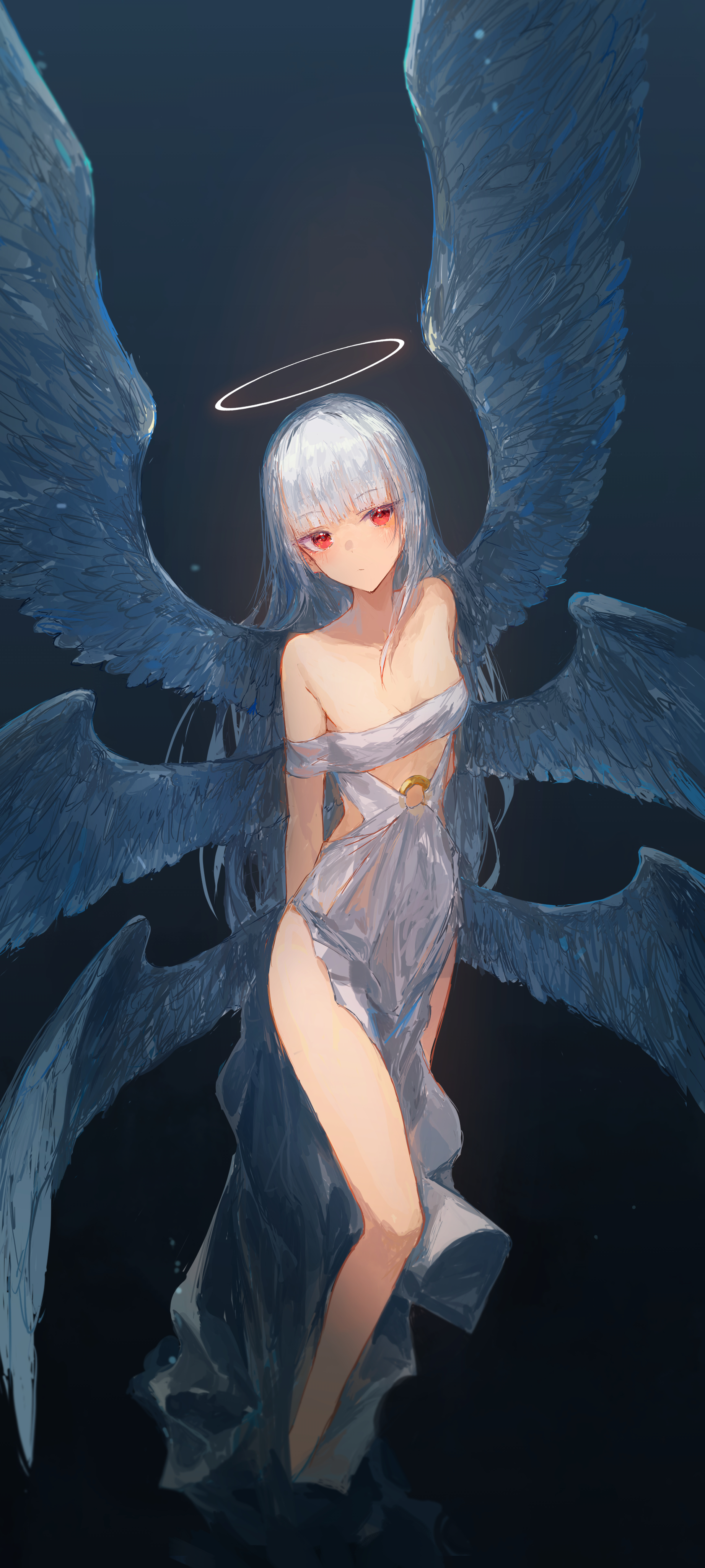 ichika (ichika87), original, absurdres, character request, commentary request, highres, 1girl, angel, black background, breasts, dress, halo, looking at viewer, red eyes, simple background, small breasts, standing, white dress, white hair, wings