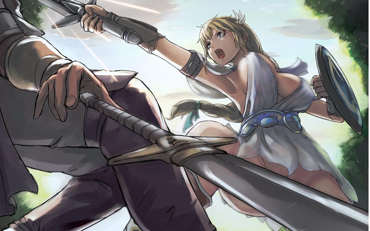 tea (nakenashi), sophitia alexandra, soul calibur, soulcalibur, soulcalibur iv, bad id, bad pixiv id, 1girl, battle, belt, blonde hair, blonde twist, braid, breasts, censored, convenient censoring, covered erect nipples, elk shield, gainaxing, goddess headdress, goddess robe, green eyes, large breasts, long hair, no bra, no panties, omega sword, shield, solo focus, sword, unaligned breasts, weapon