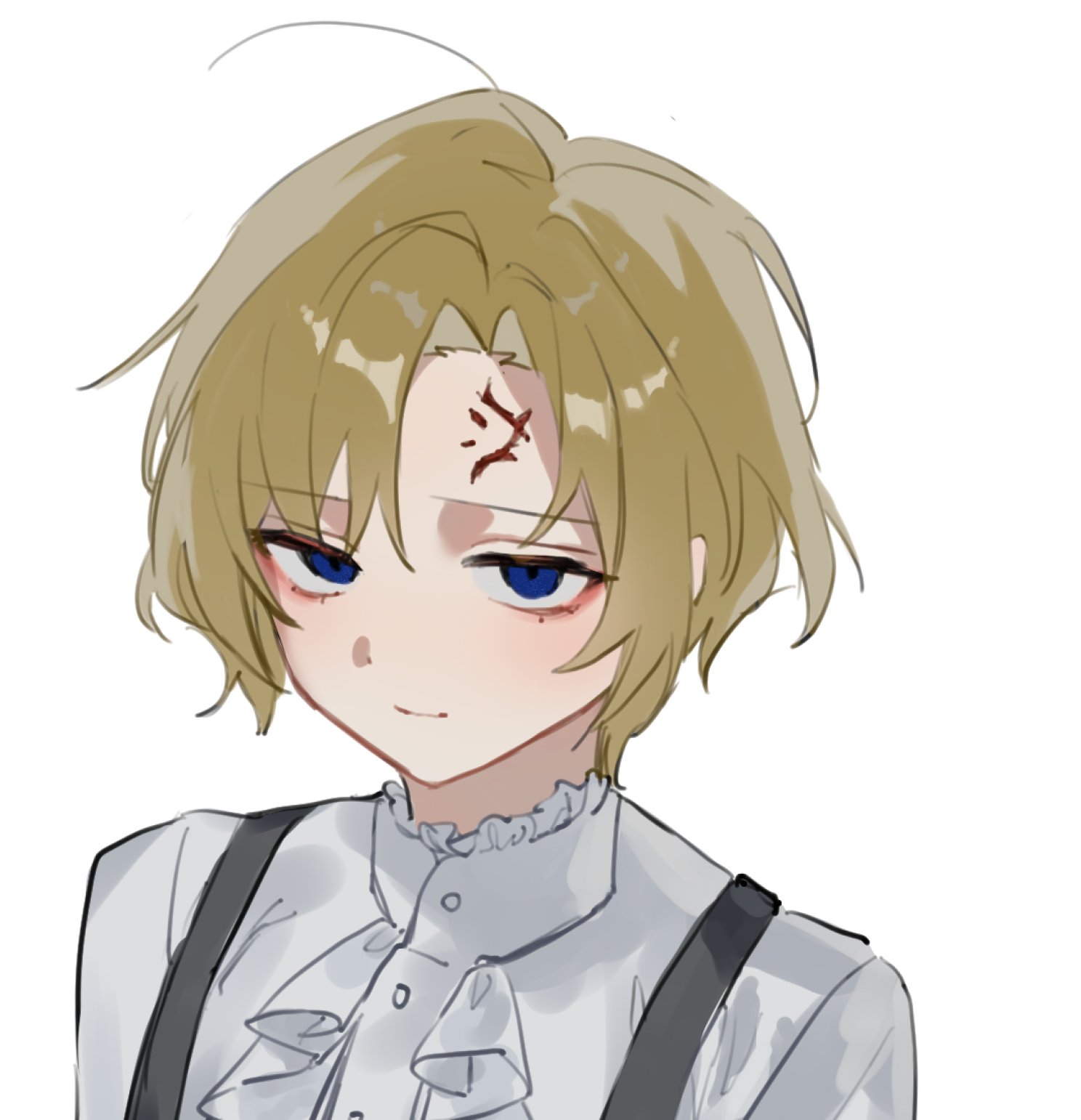 sinclair (project moon), limbus company, project moon, commentary request, highres, korean commentary, 1boy, ascot, blonde hair, blue eyes, closed mouth, dhlrhkrwnals, hair between eyes, looking at viewer, male focus, shirt, short hair, simple background, solo, suspenders, upper body, white ascot, white background, white shirt