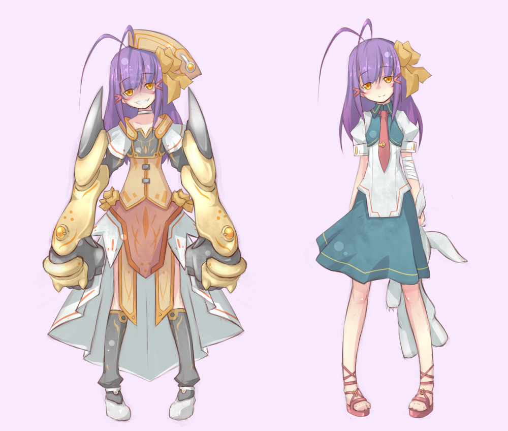 kazami mioyoru, kazami ryouya, original, bad id, bad pixiv id, 1girl, antenna hair, bandages, female focus, gauntlets, grin, purple hair, smile, solo